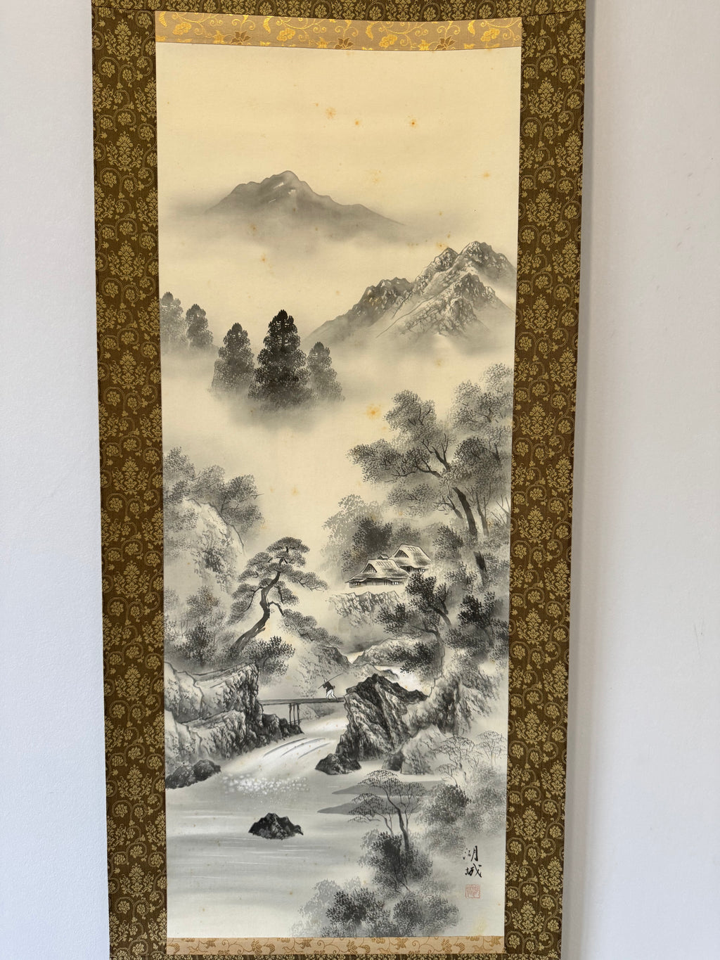 Japanese Winter Landscape Kakemono • Printed Sumi-e Mountain & Snow Scene Scroll