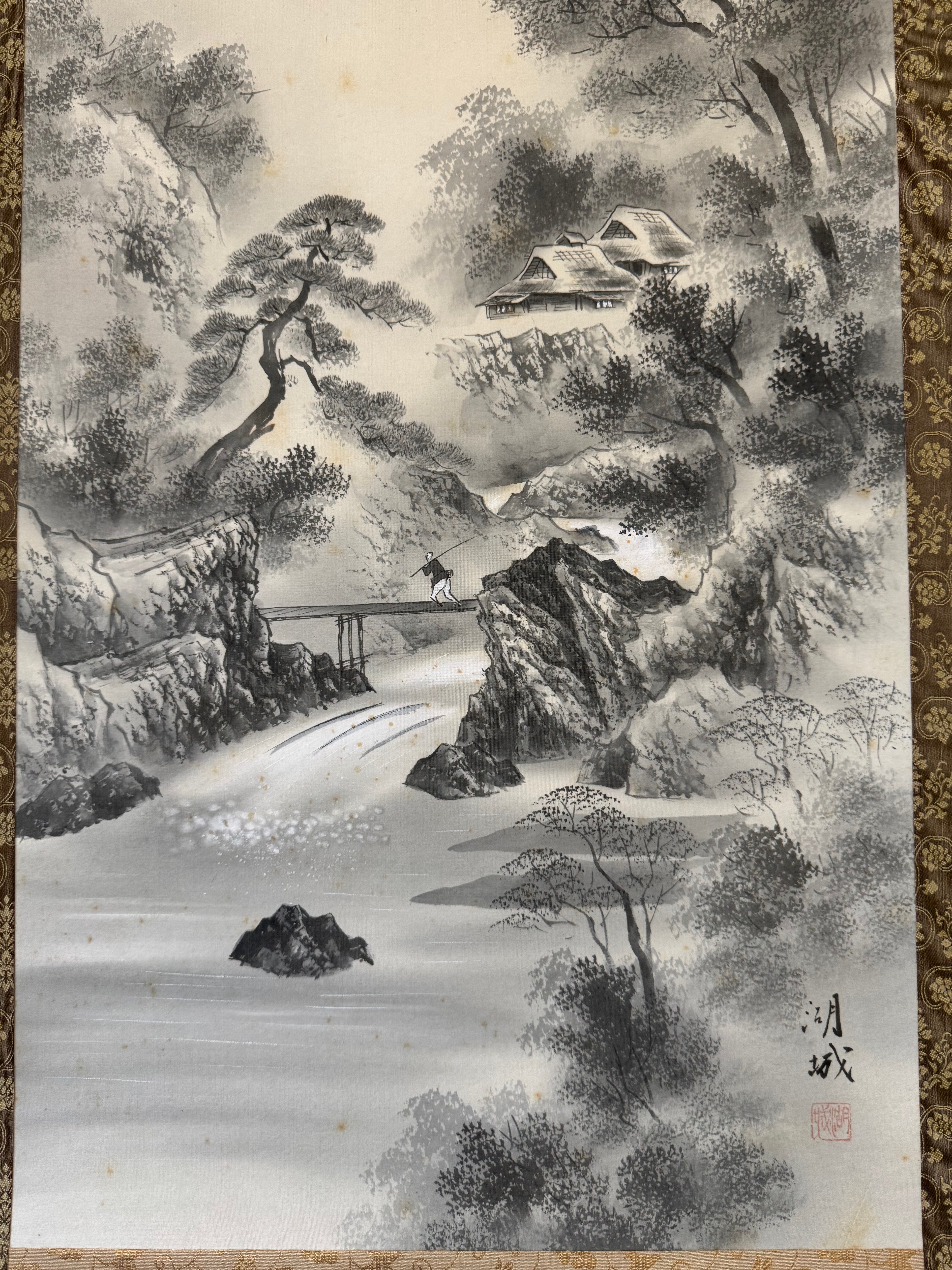 Japanese Winter Landscape Kakemono • Printed Sumi-e Mountain & Snow Scene Scroll