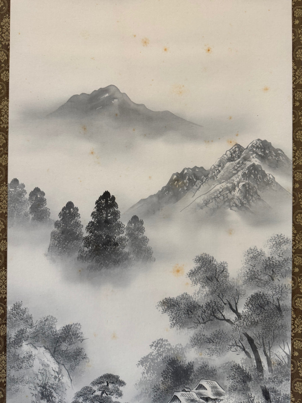 Japanese Winter Landscape Kakemono • Printed Sumi-e Mountain & Snow Scene Scroll