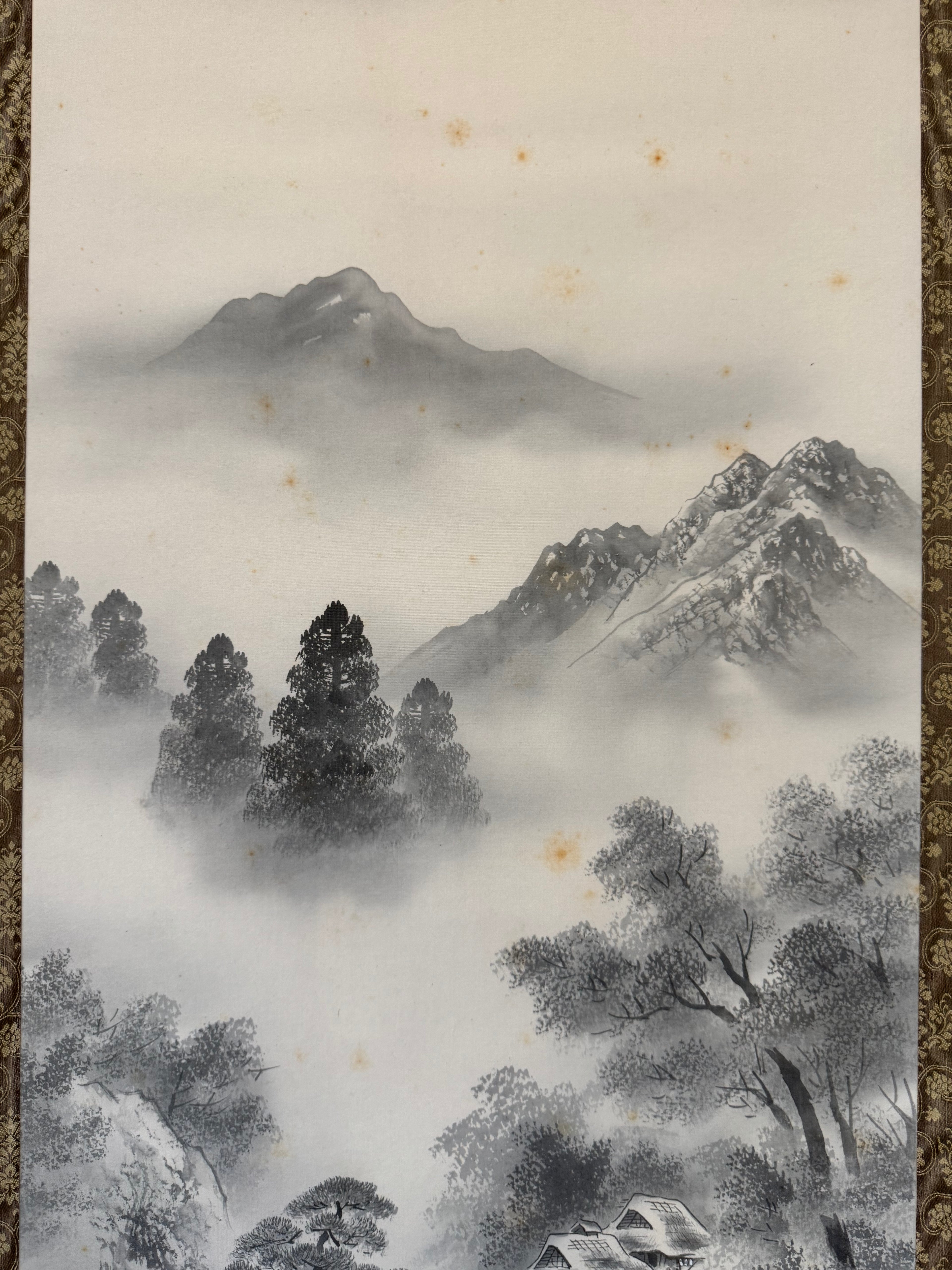 Japanese Winter Landscape Kakemono • Printed Sumi-e Mountain & Snow Scene Scroll