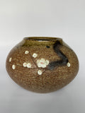 Brown ceramic vase with floral design on a white background