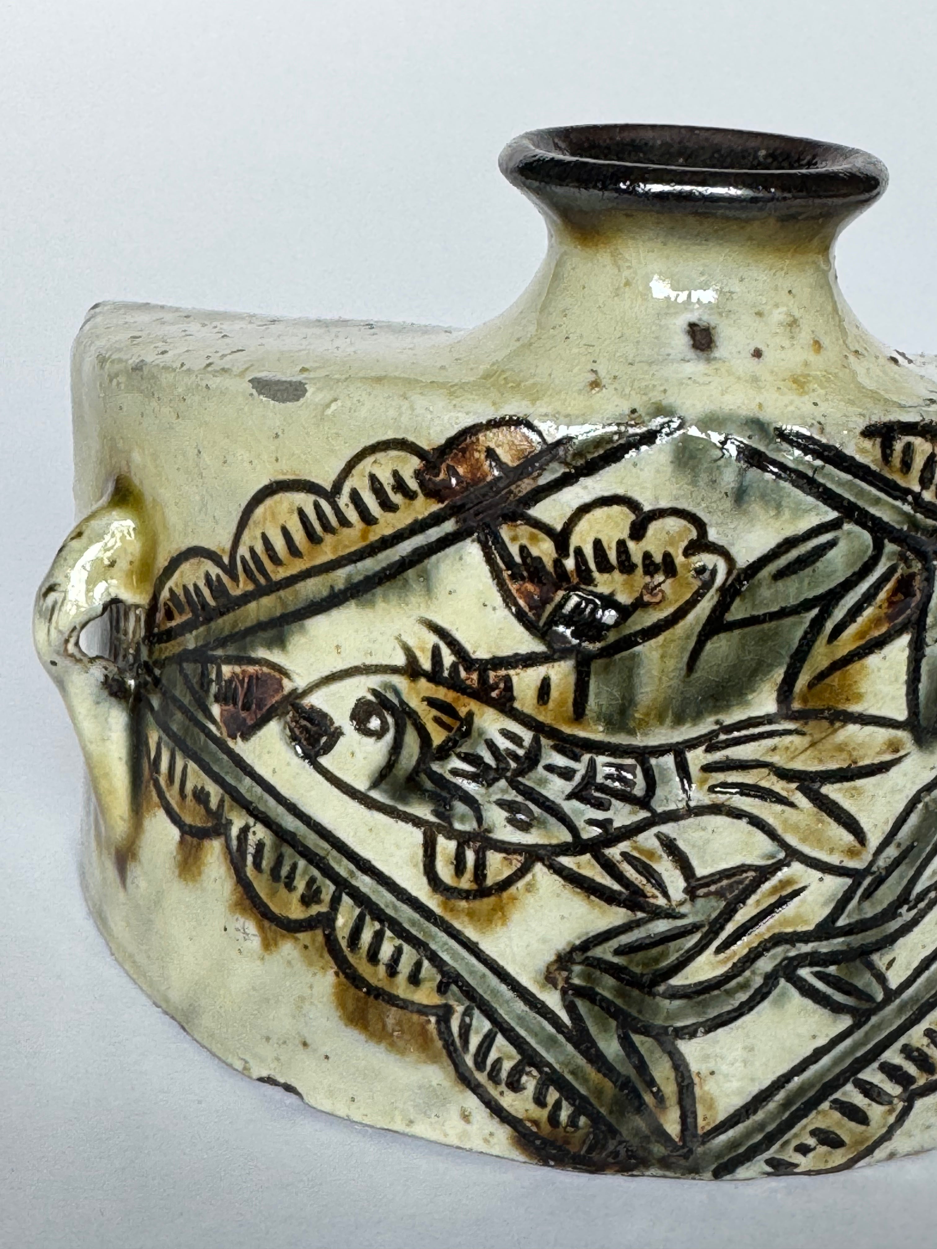 Antique Tsuboya Pottery Vase – Traditional Okinawan Fish Motif in Cream White Glaze