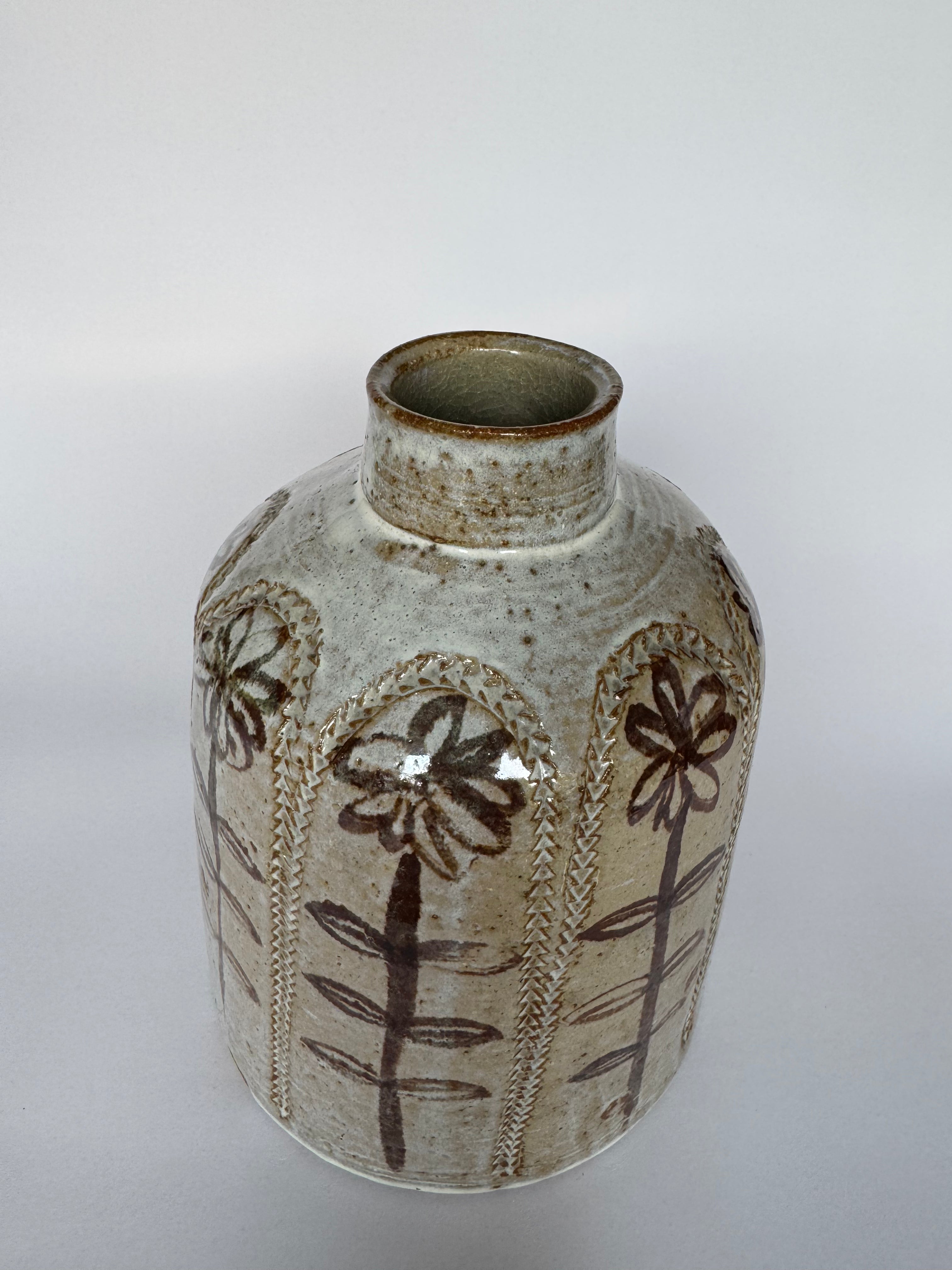 Vintage Rustic Ceramic Vase – Handmade Pottery with Simple Floral Motif, Wabi-Sabi Style