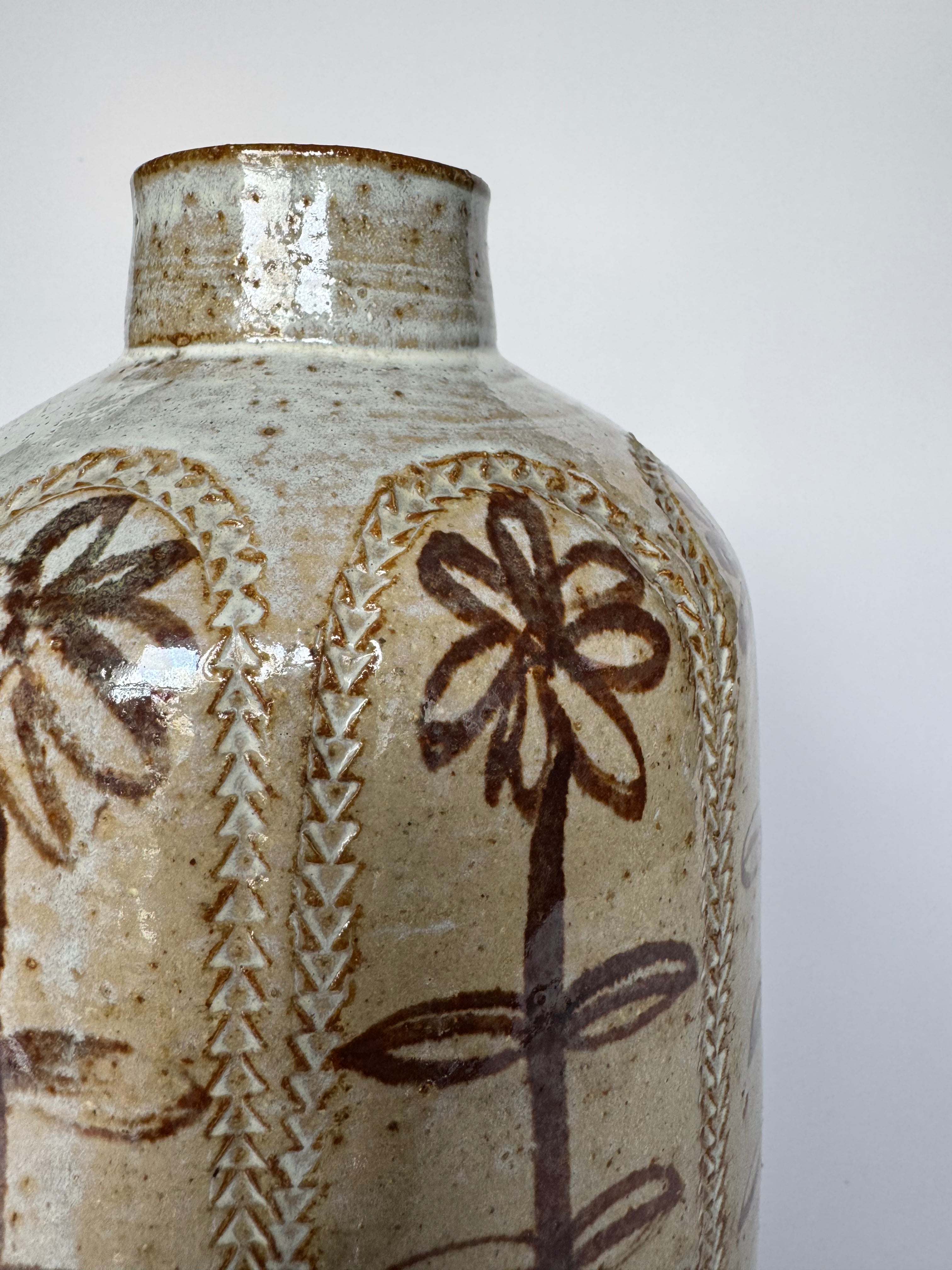 Vintage Rustic Ceramic Vase – Handmade Pottery with Simple Floral Motif, Wabi-Sabi Style