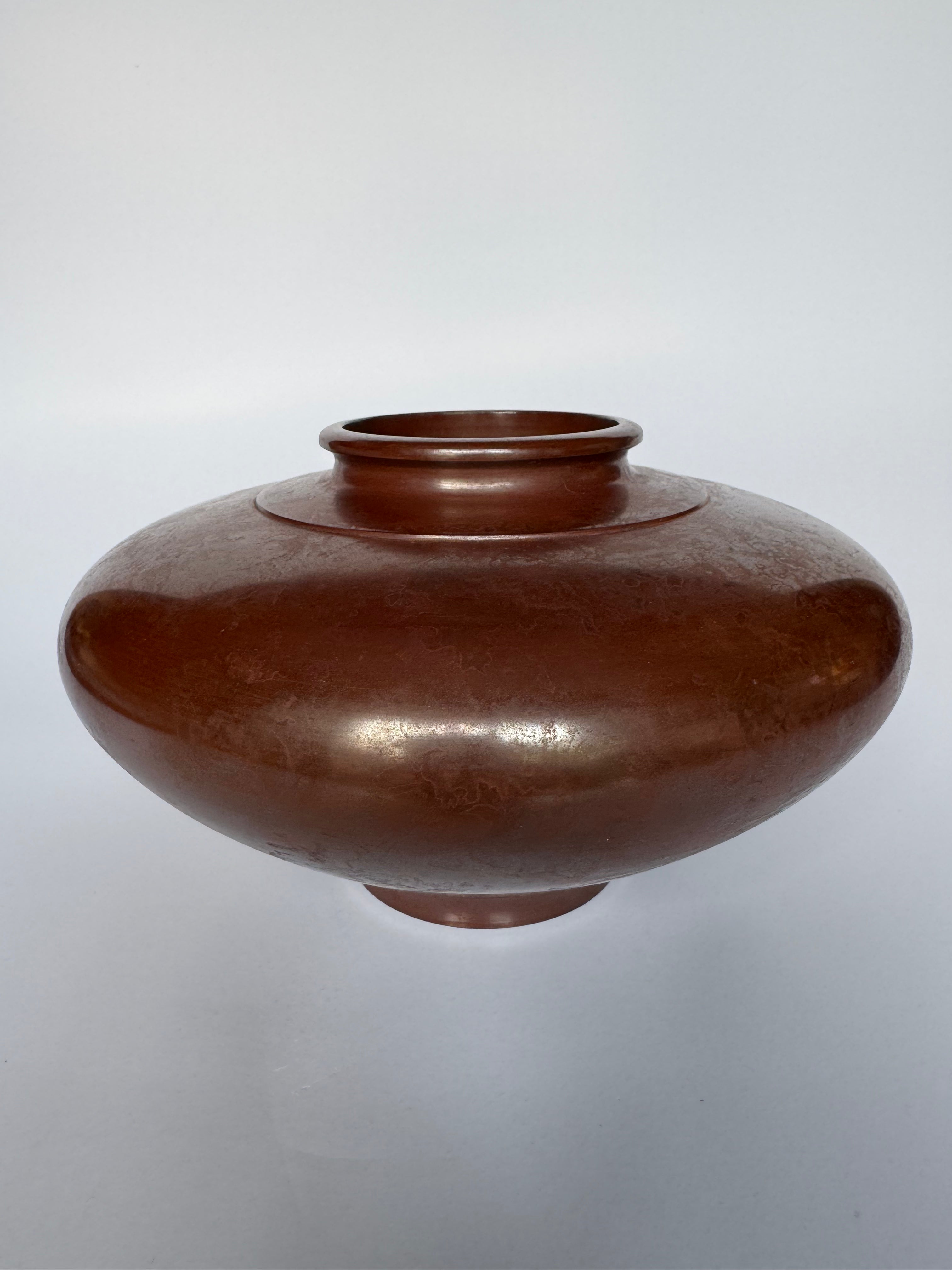 Vintage Japanese Bronze Vase – Low Wide Form with Red-Brown Patina, Traditional Metal Art