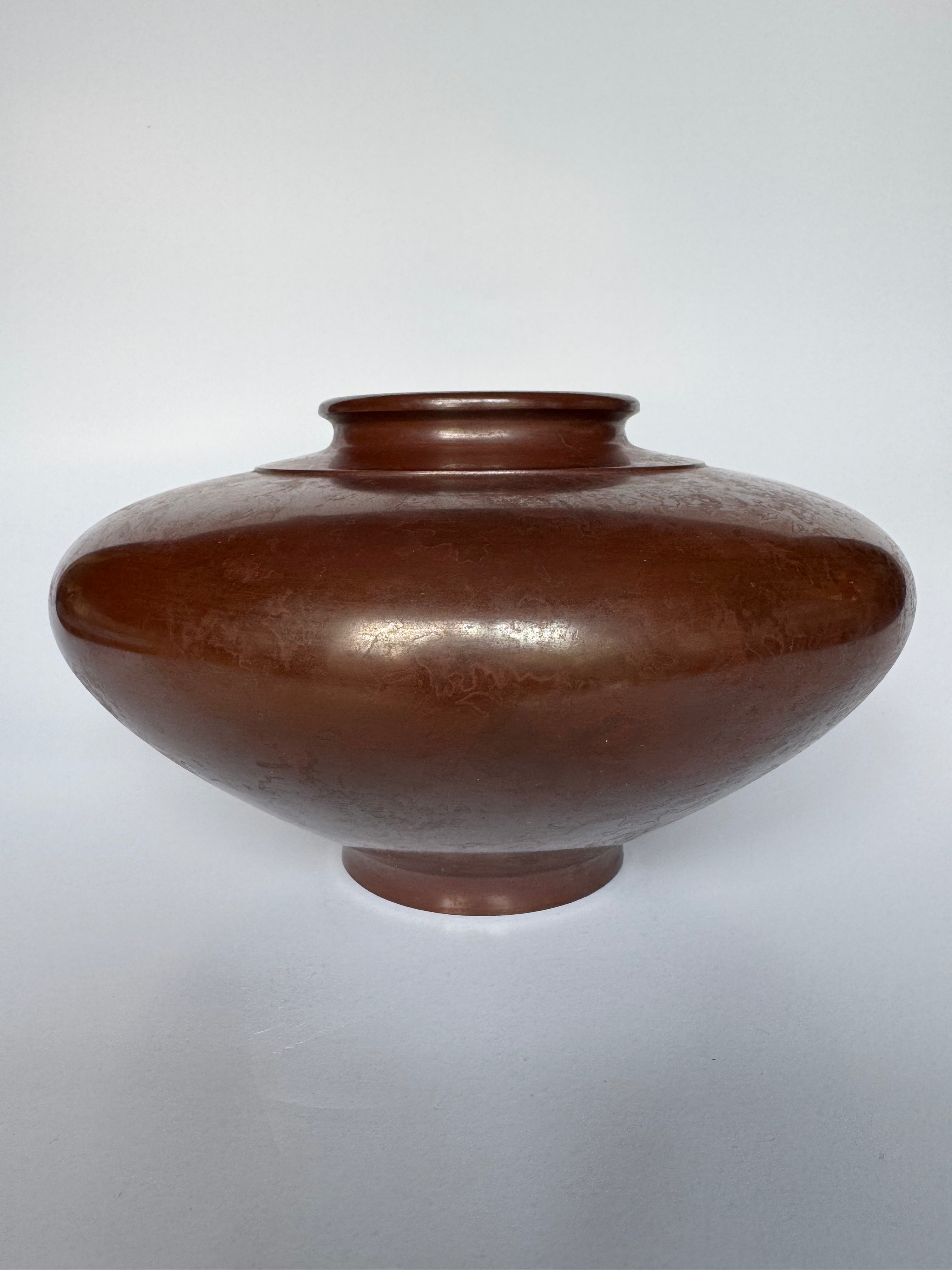 Vintage Japanese Bronze Vase – Low Wide Red-Brown Patina Art