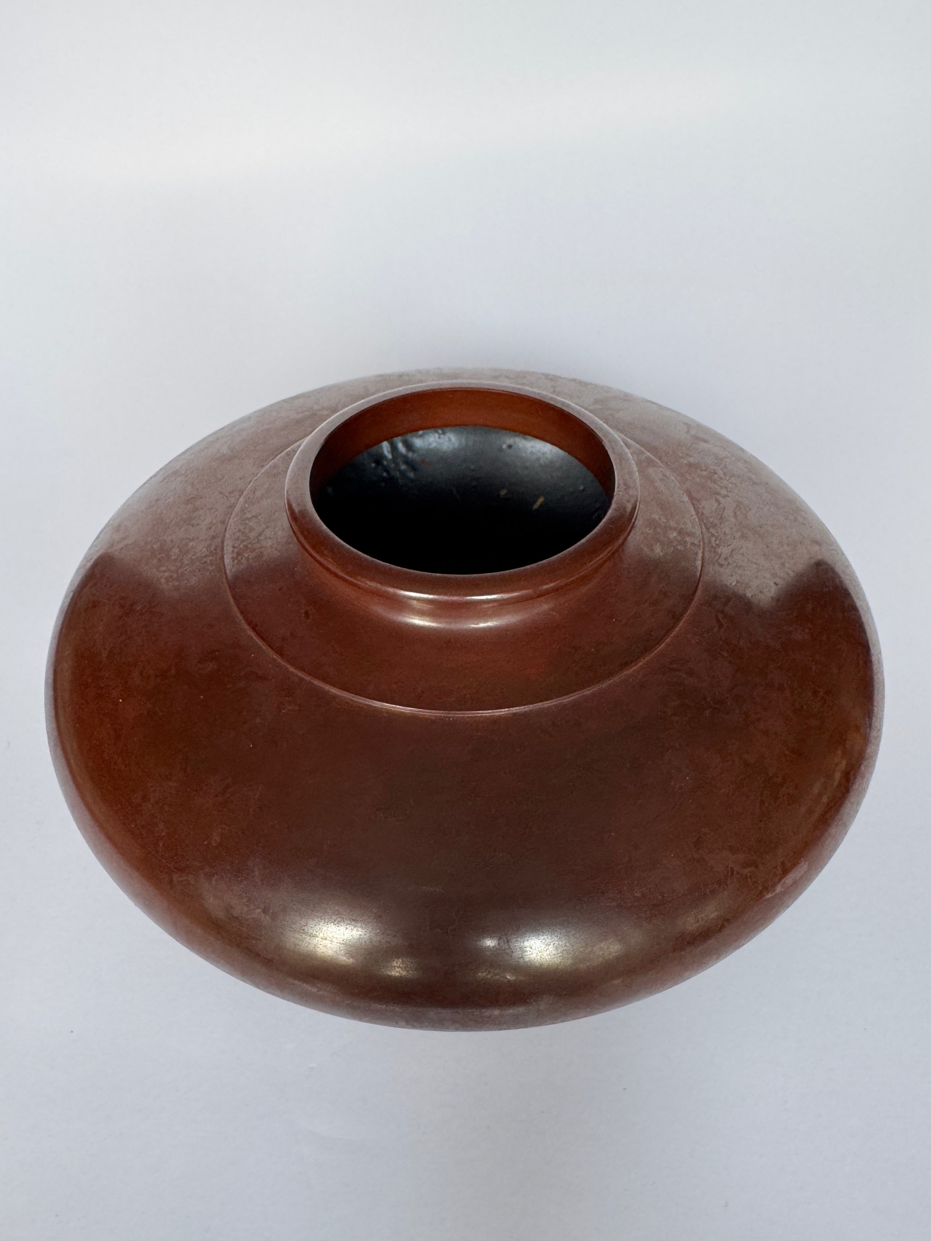 Vintage Japanese Bronze Vase – Low Wide Form with Red-Brown Patina, Traditional Metal Art
