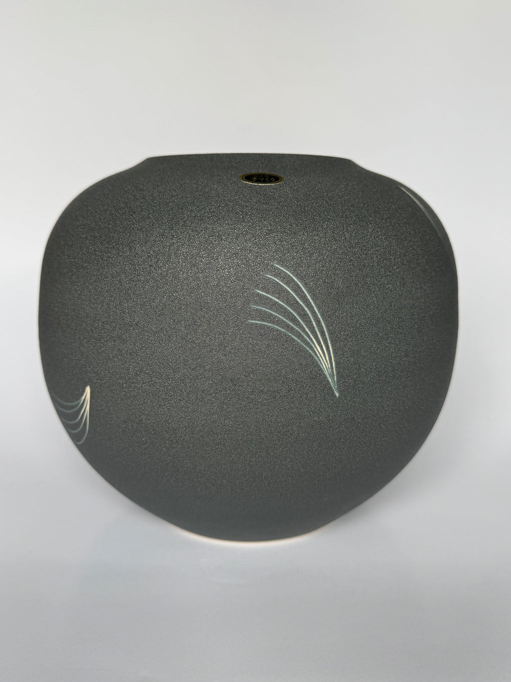 Gray textured object with decorative lines on a light gray background