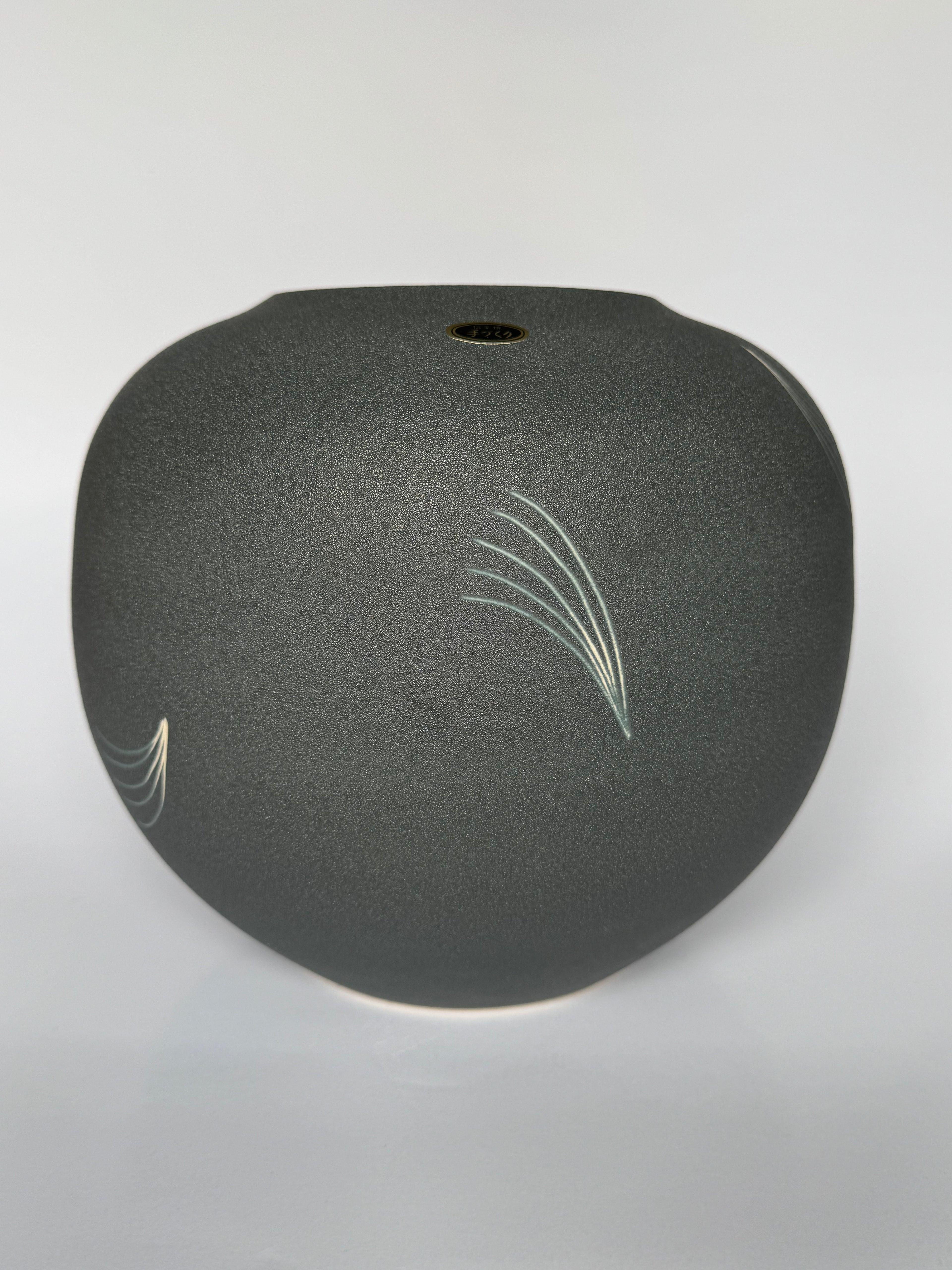 Gray textured object with decorative lines on a light gray background