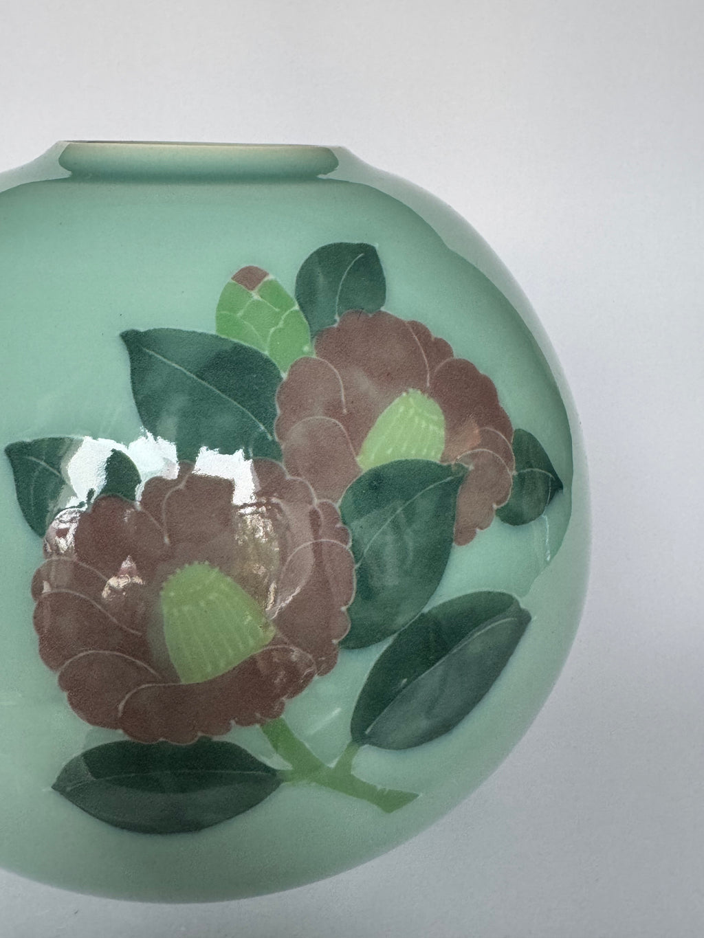Handmade Celadon Green Vase - Minimalist Japanese-Style Pottery with Simple Floral Artwork