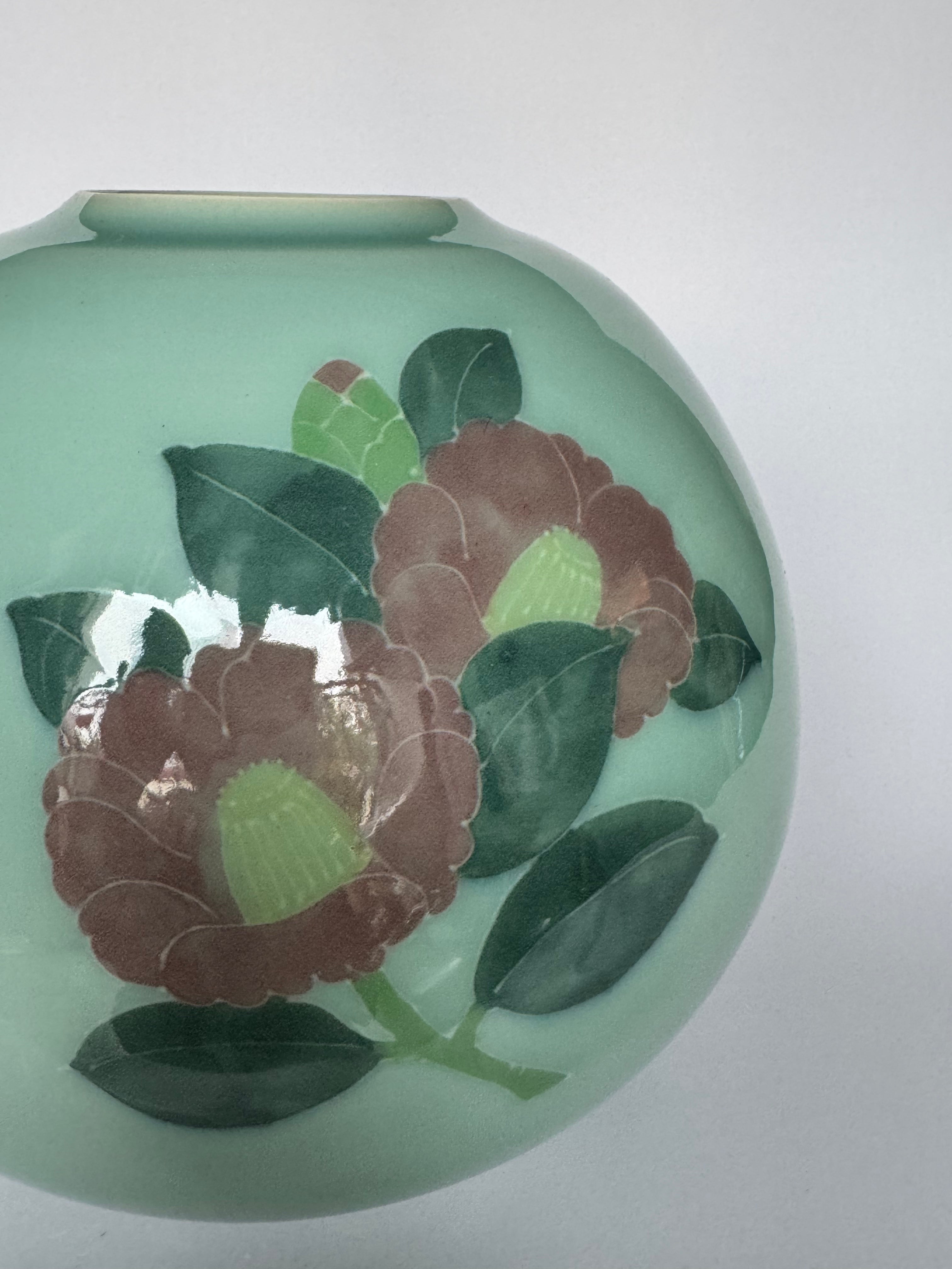 Handmade Celadon Green Vase - Minimalist Japanese-Style Pottery with Simple Floral Artwork