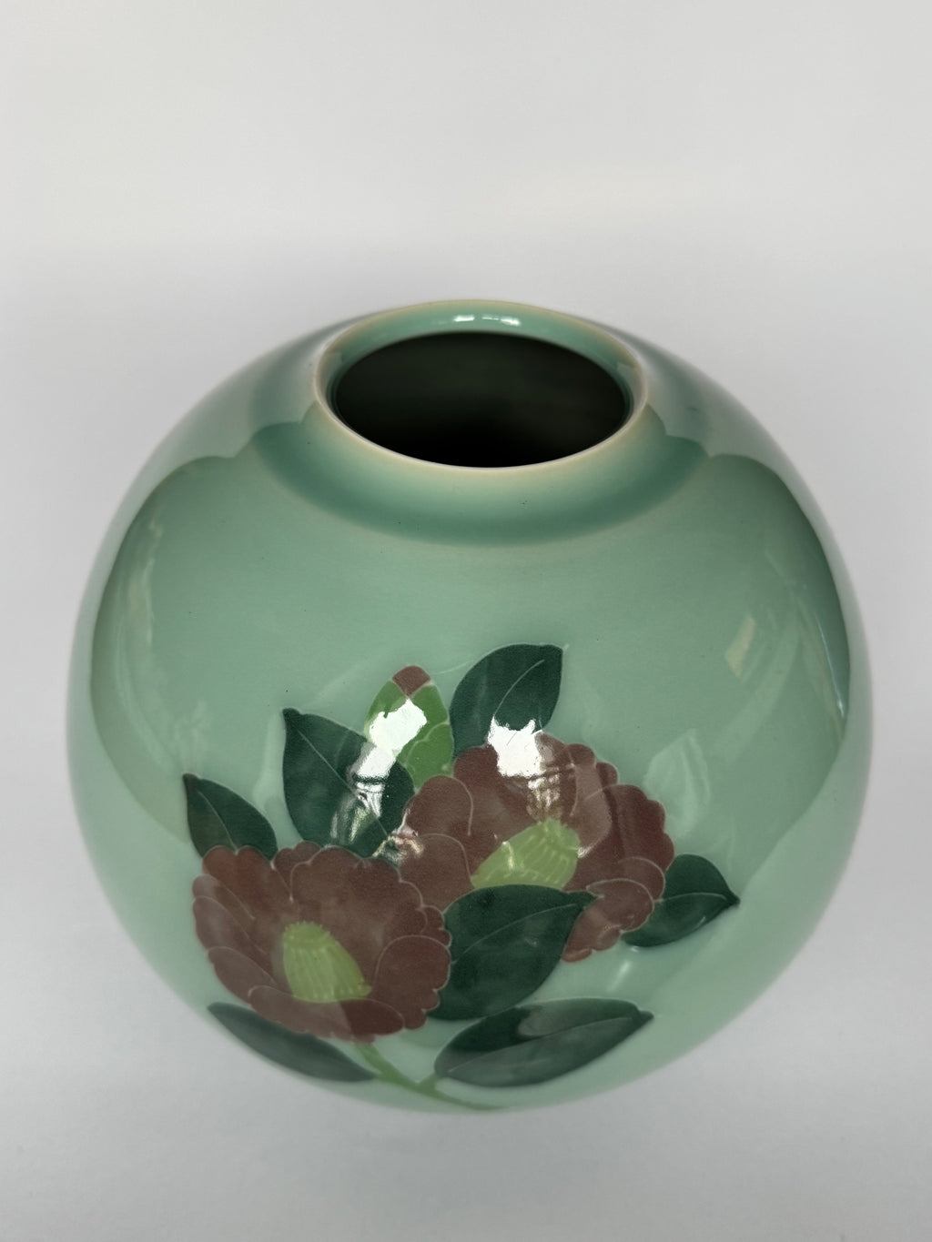Handmade Celadon Green Vase - Minimalist Japanese-Style Pottery with Simple Floral Artwork