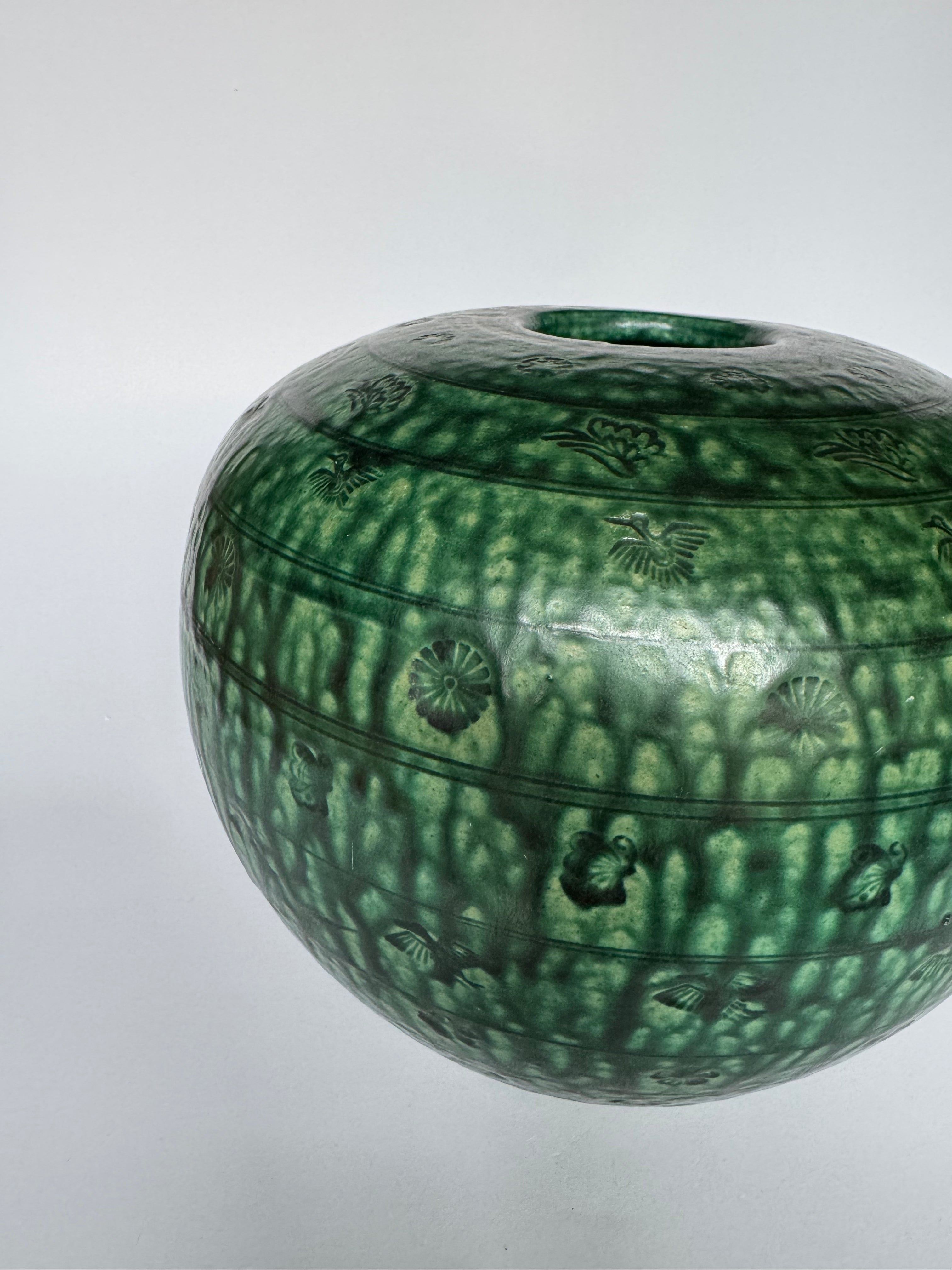 Japanese Wabi-Sabi Green Glaze Vase - Handmade Pottery with Natural Drip Patterns & Chrysanthemum Motif