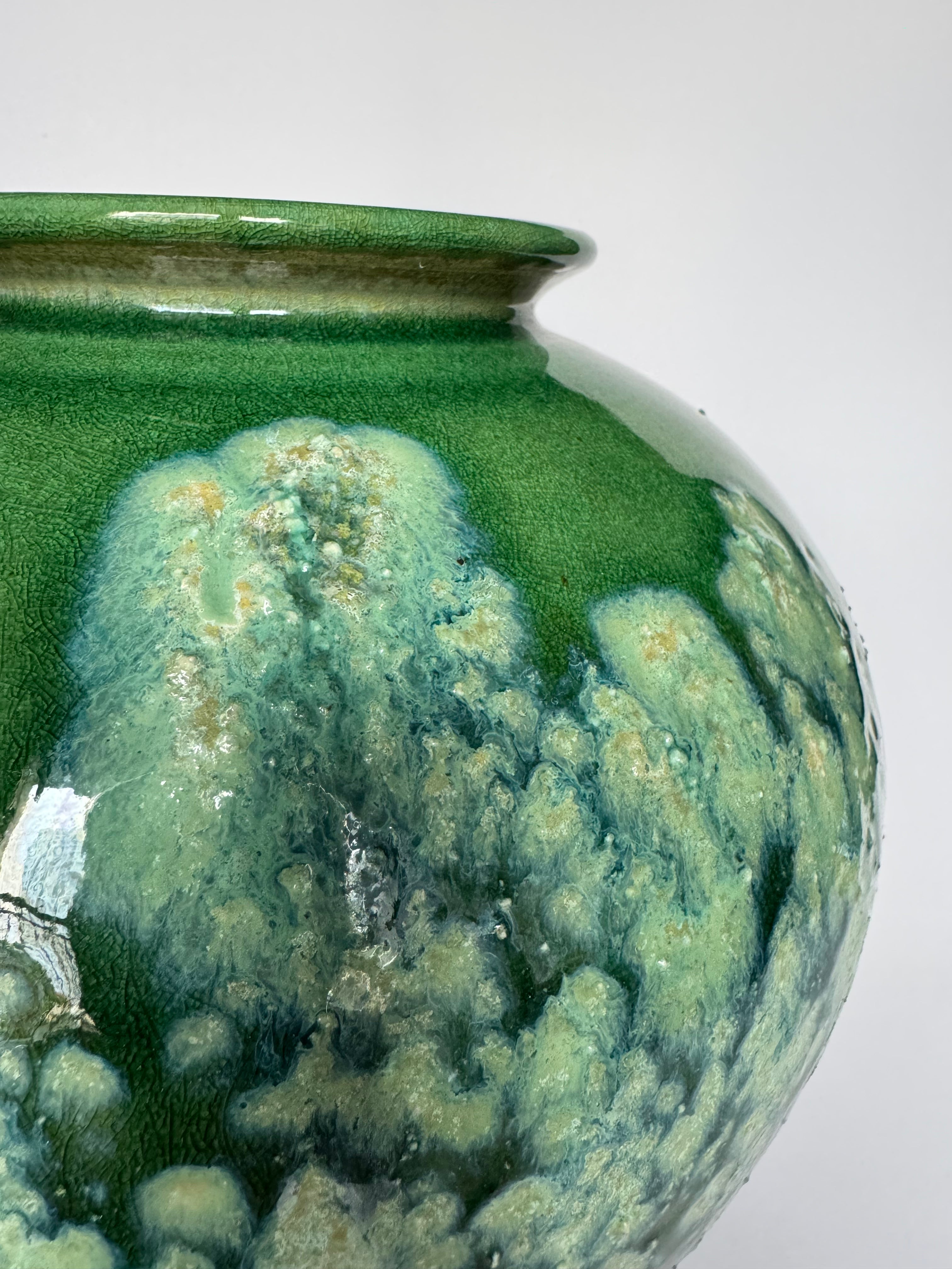 Japanese Wabi-Sabi Green Drip Glaze Vase – Handmade Rustic Pottery with Natural Flow Patterns