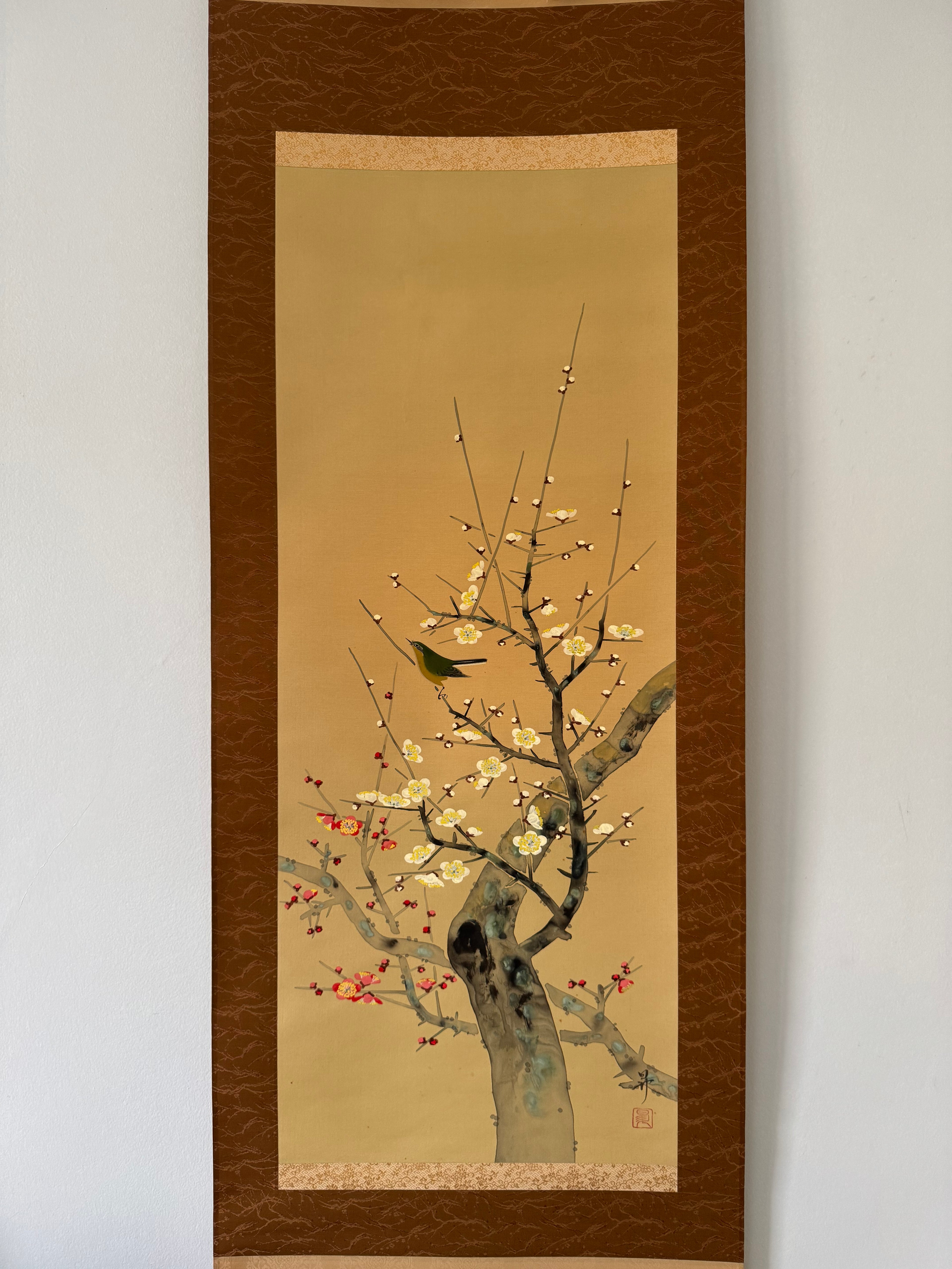 Japanese Kakemono Scroll - Plum Blossom Art with White & Red Flowers and Thrush Bird