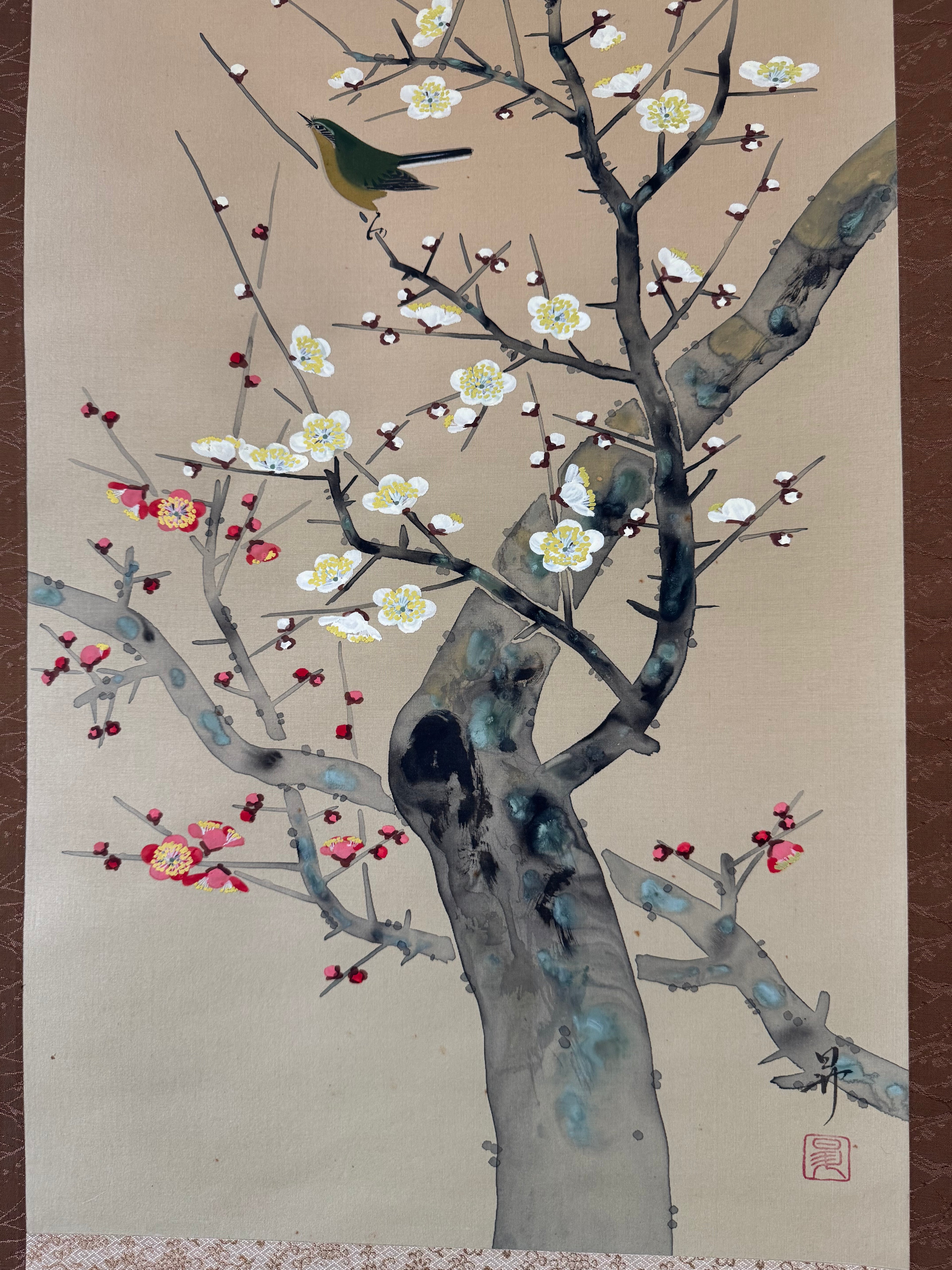 Japanese Kakemono Scroll - Plum Blossom Art with White & Red Flowers and Thrush Bird