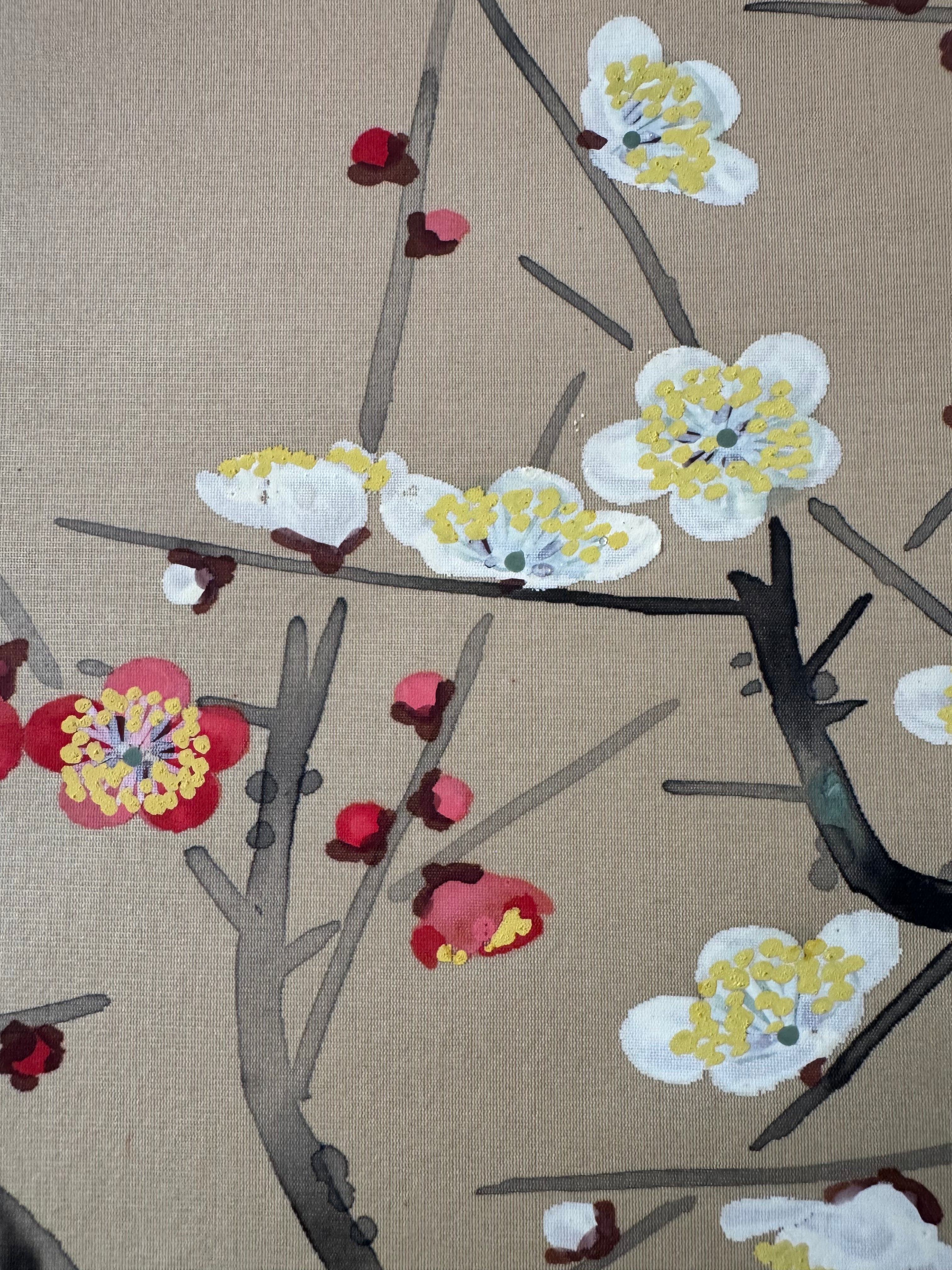 Japanese Kakemono Scroll - Plum Blossom Art with White & Red Flowers and Thrush Bird