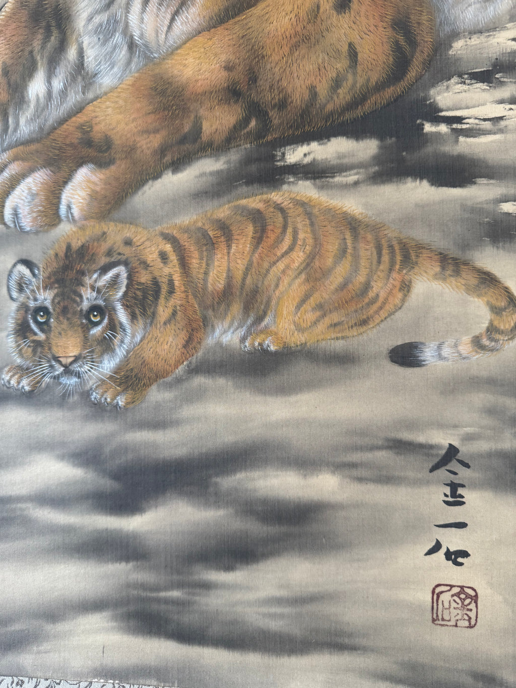 Japanese Tiger Kakemono Print – Symbolic Mother and Child Hanging Scroll Art