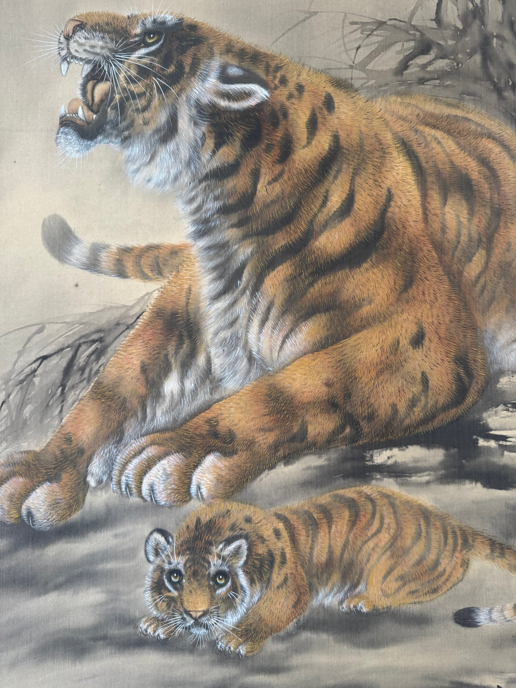 Japanese Tiger Kakemono Print – Symbolic Mother and Child Hanging Scroll Art