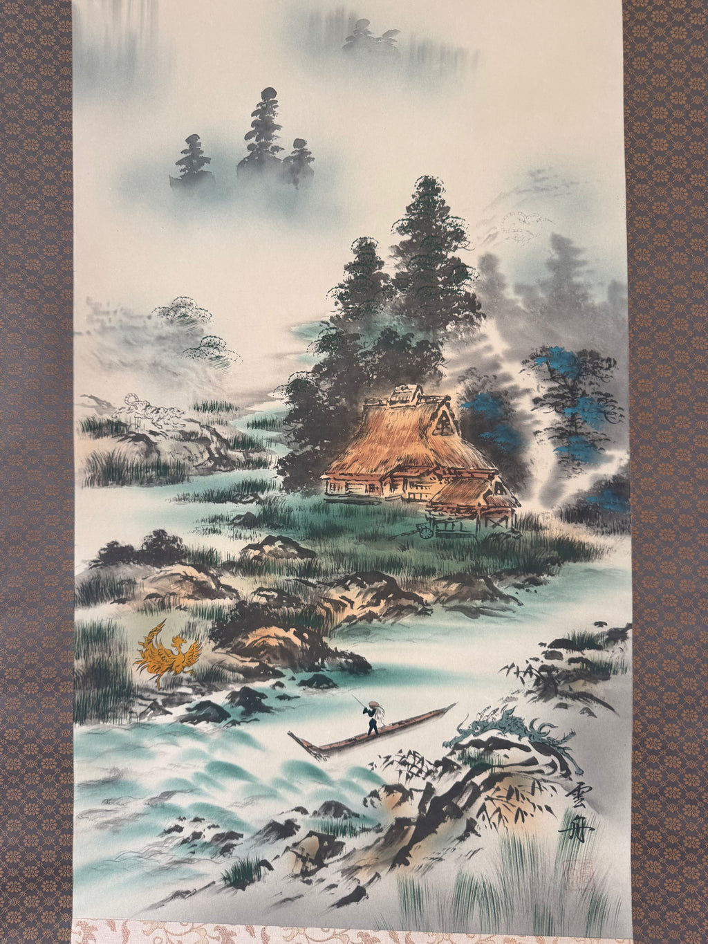 Japanese Four Mythical Creatures Kakemono Print – Hidden Dragon, Phoenix & Sacred Beasts Landscape