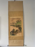 Traditional landscape painting on a vertical scroll with a beige background