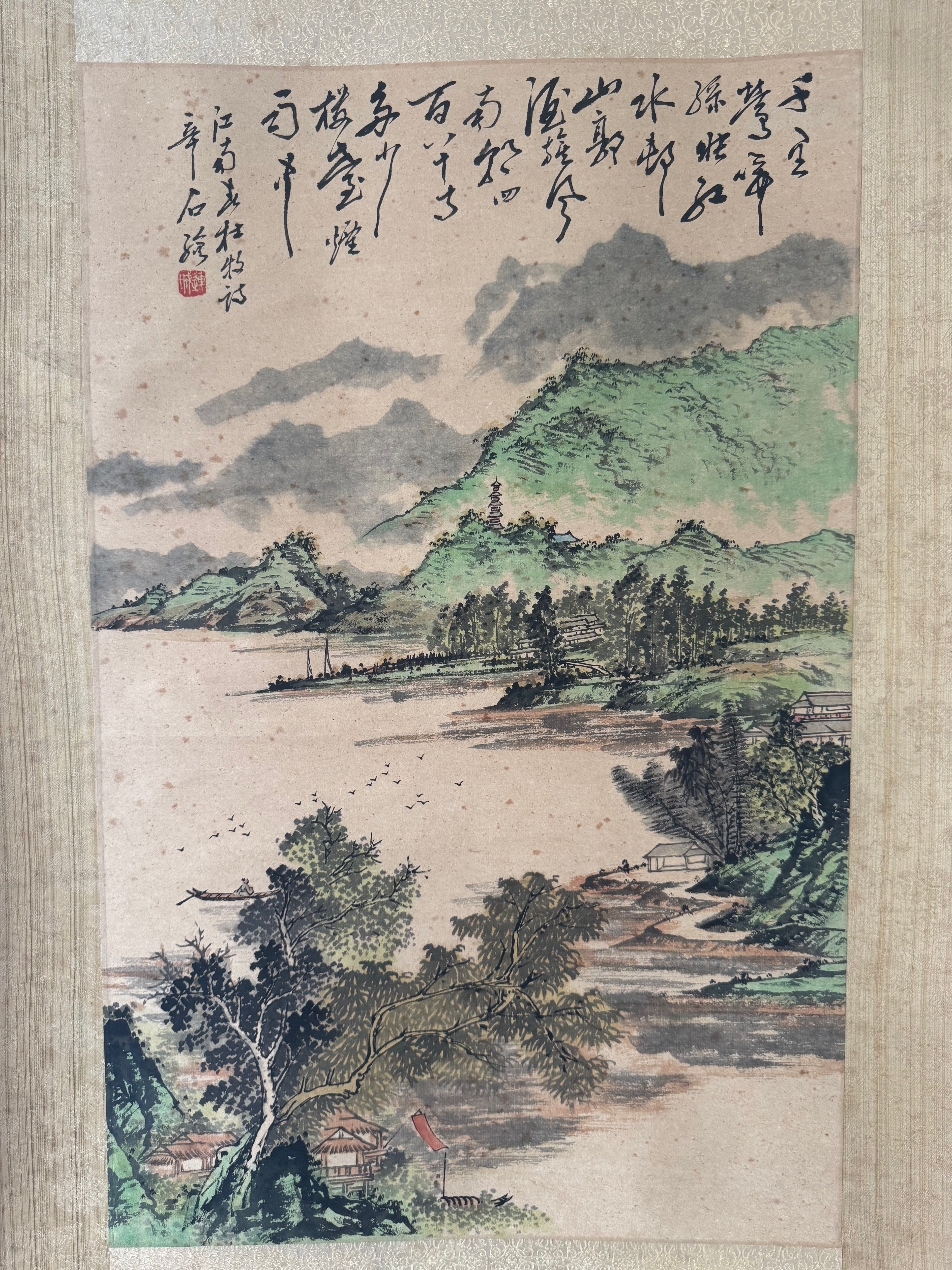 Vintage Japanese Landscape Kakemono Painting – Hand-Painted Sumi-e Scroll with Calligraphy