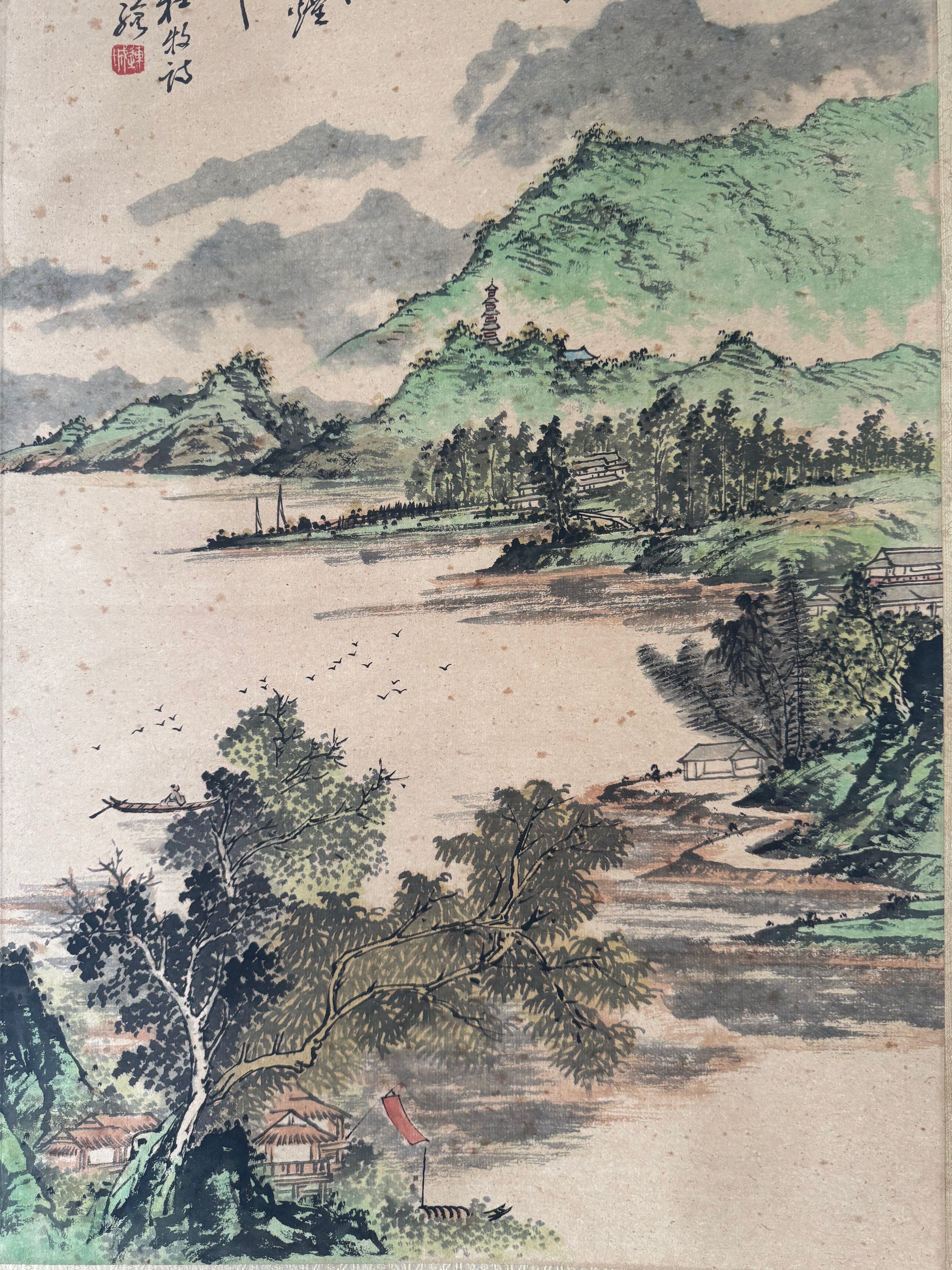 Vintage Japanese Landscape Kakemono Painting – Hand-Painted Sumi-e Scroll with Calligraphy
