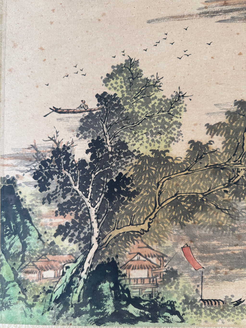 Vintage Japanese Landscape Kakemono Painting – Hand-Painted Sumi-e Scroll with Calligraphy