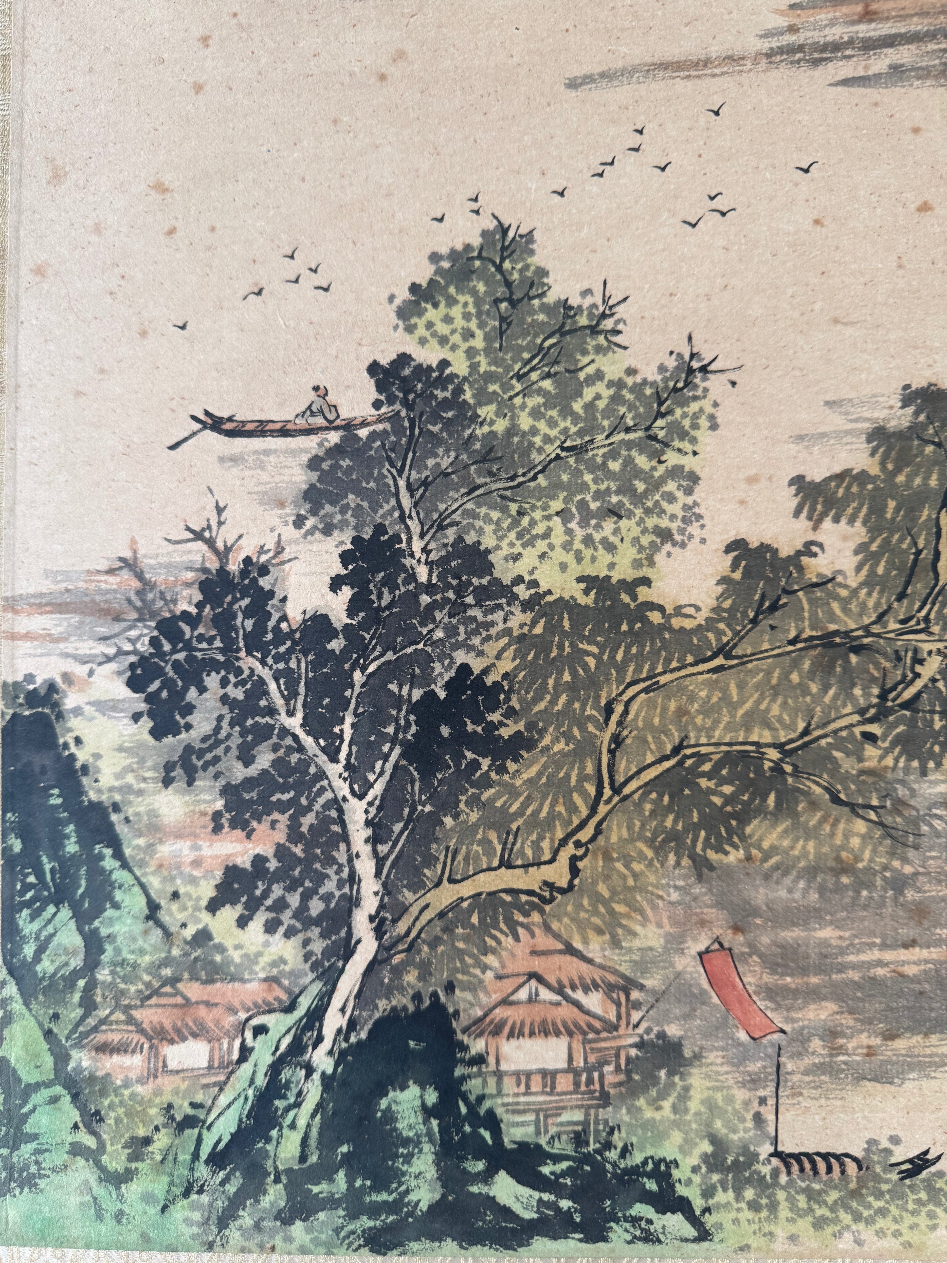 Vintage Japanese Landscape Kakemono Painting – Hand-Painted Sumi-e Scroll with Calligraphy