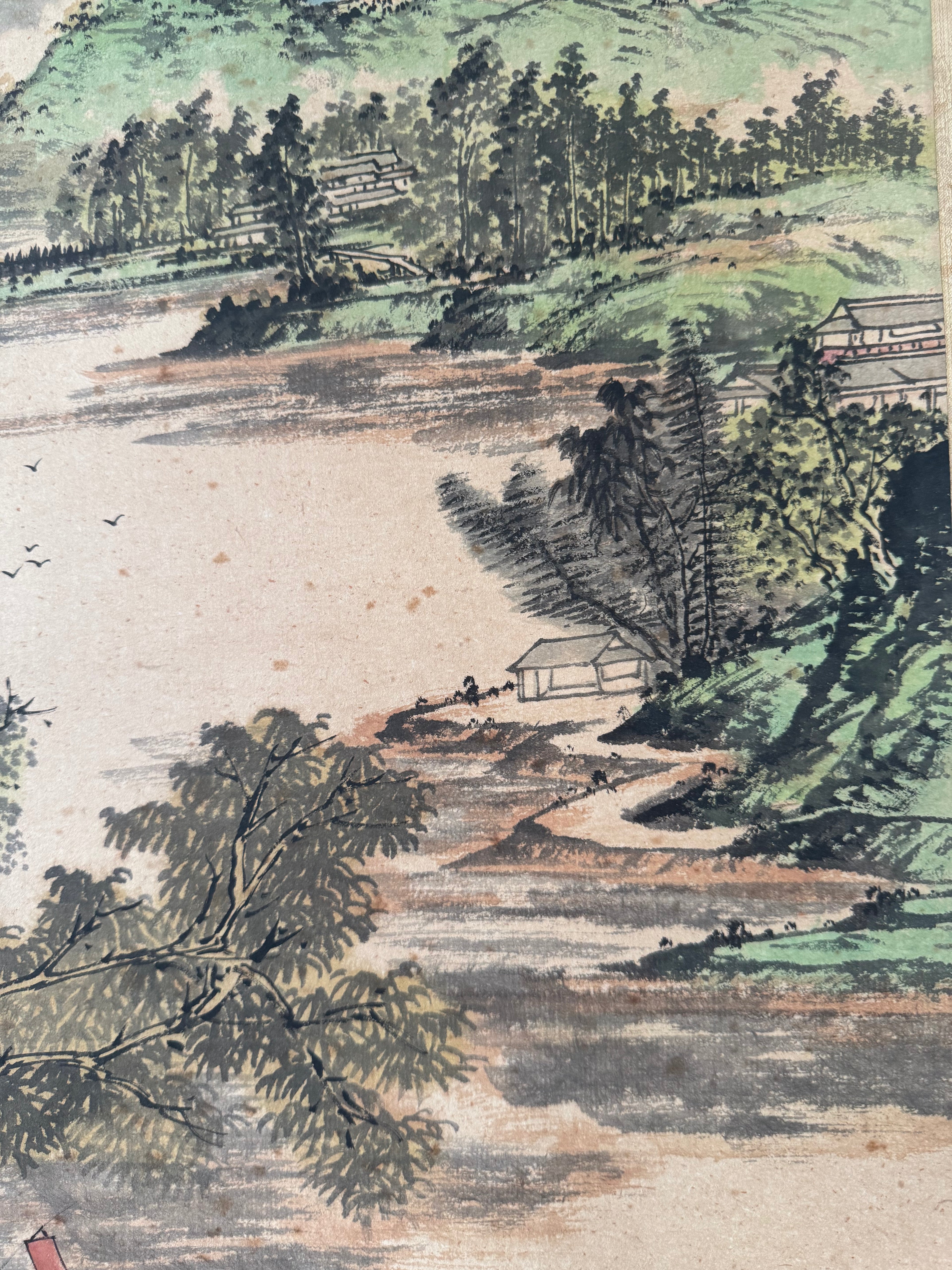 Vintage Japanese Landscape Kakemono Painting – Hand-Painted Sumi-e Scroll with Calligraphy