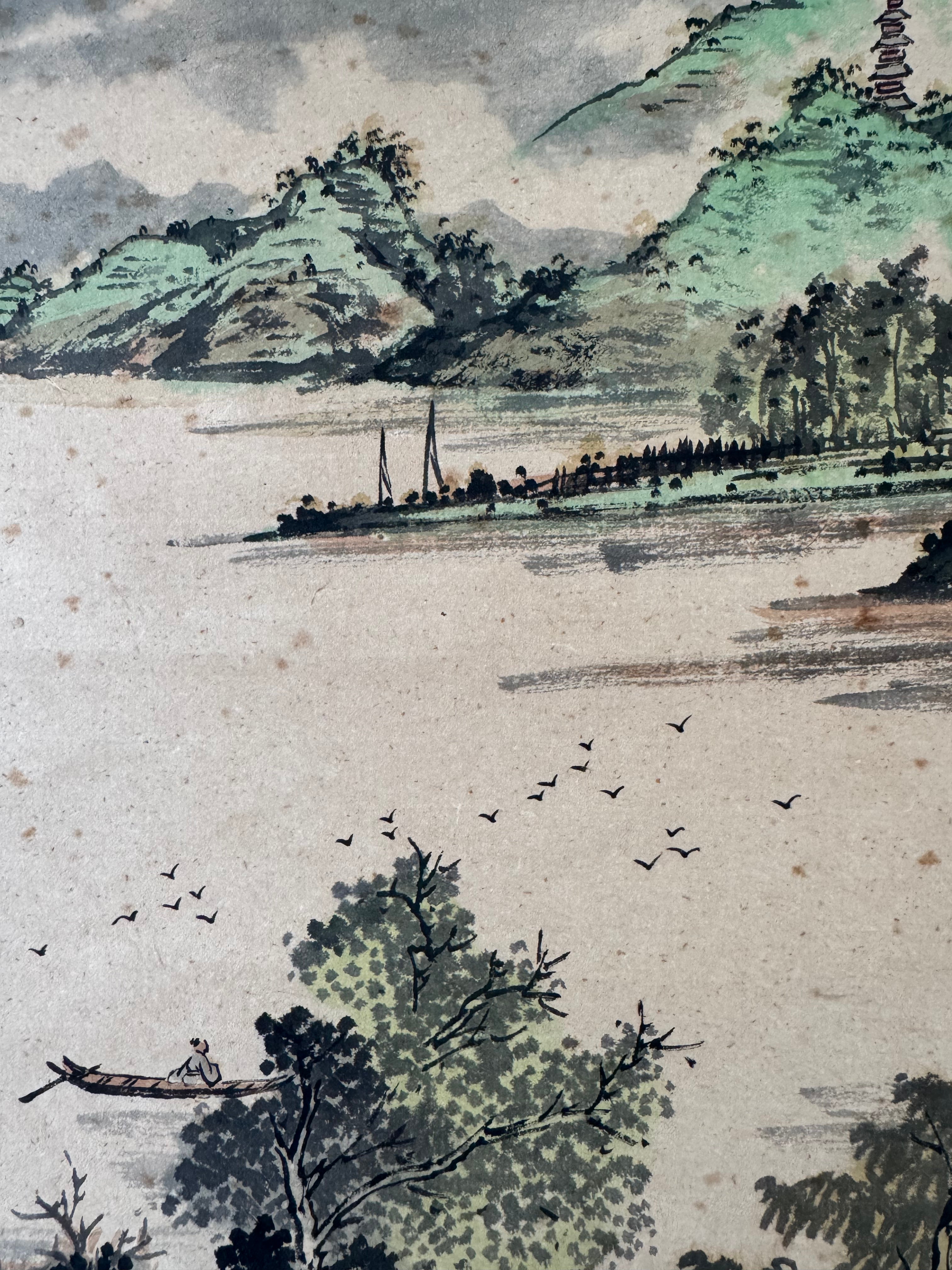 Vintage Japanese Landscape Kakemono Painting – Hand-Painted Sumi-e Scroll with Calligraphy