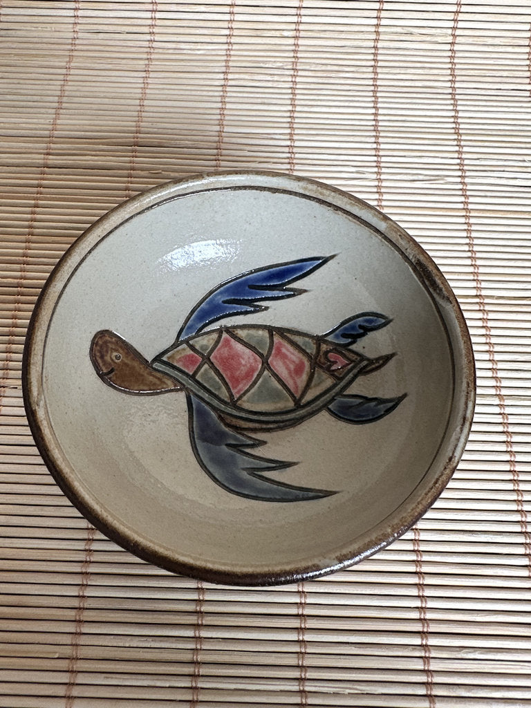 Vintage Japanese Folk Pottery Tea Cup Pair, Crab & Sea Turtle Yunomi, Hand Painted Stoneware, Mingei Style