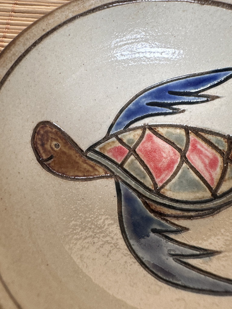 Vintage Japanese Folk Pottery Tea Cup Pair, Crab & Sea Turtle Yunomi, Hand Painted Stoneware, Mingei Style