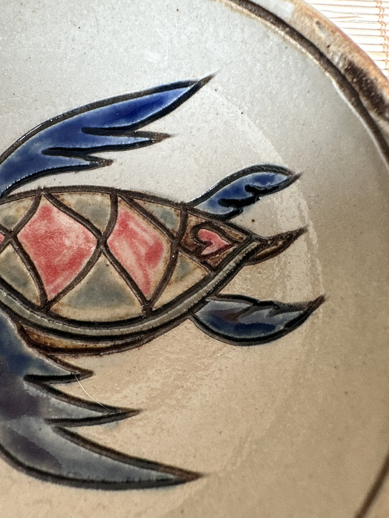 Vintage Japanese Folk Pottery Tea Cup Pair, Crab & Sea Turtle Yunomi, Hand Painted Stoneware, Mingei Style
