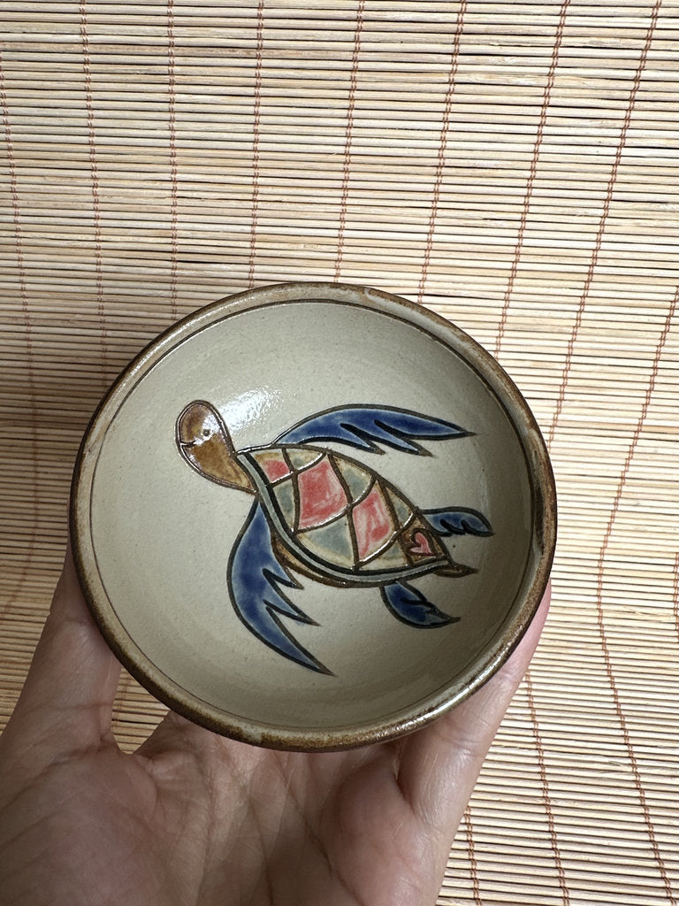 Vintage Japanese Folk Pottery Tea Cup Pair, Crab & Sea Turtle Yunomi, Hand Painted Stoneware, Mingei Style