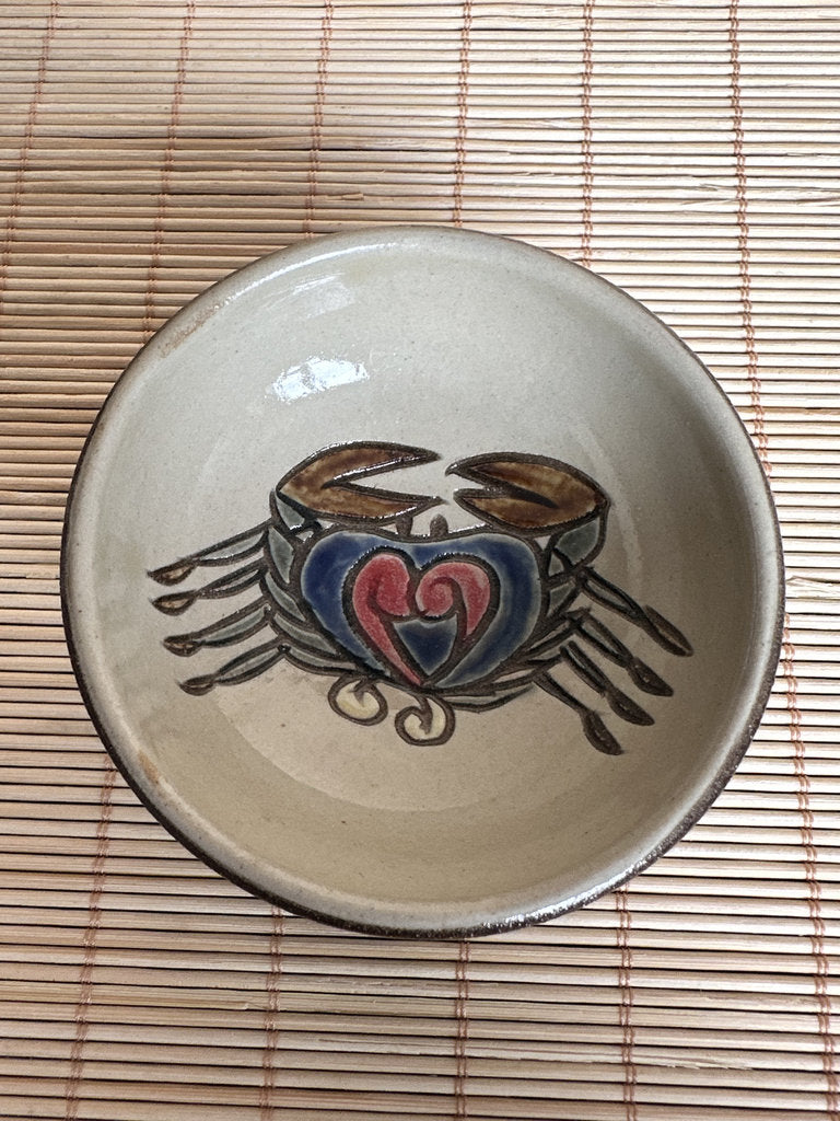 Vintage Japanese Folk Pottery Tea Cup Pair, Crab & Sea Turtle Yunomi, Hand Painted Stoneware, Mingei Style