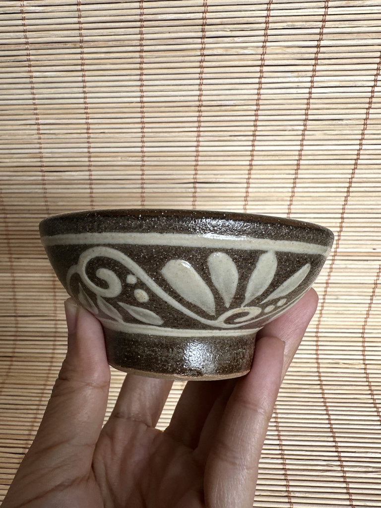 Vintage Japanese Folk Pottery Tea Cup Pair, Crab & Sea Turtle Yunomi, Hand Painted Stoneware, Mingei Style