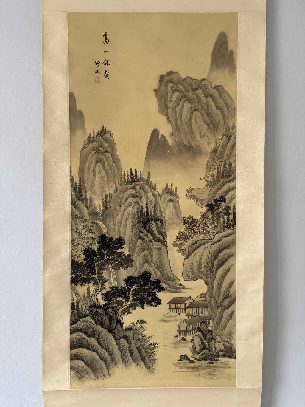 Japanese Serene Landscape Kakemono Painting – Hand-Painted Sumi-e Hanging Scroll Art