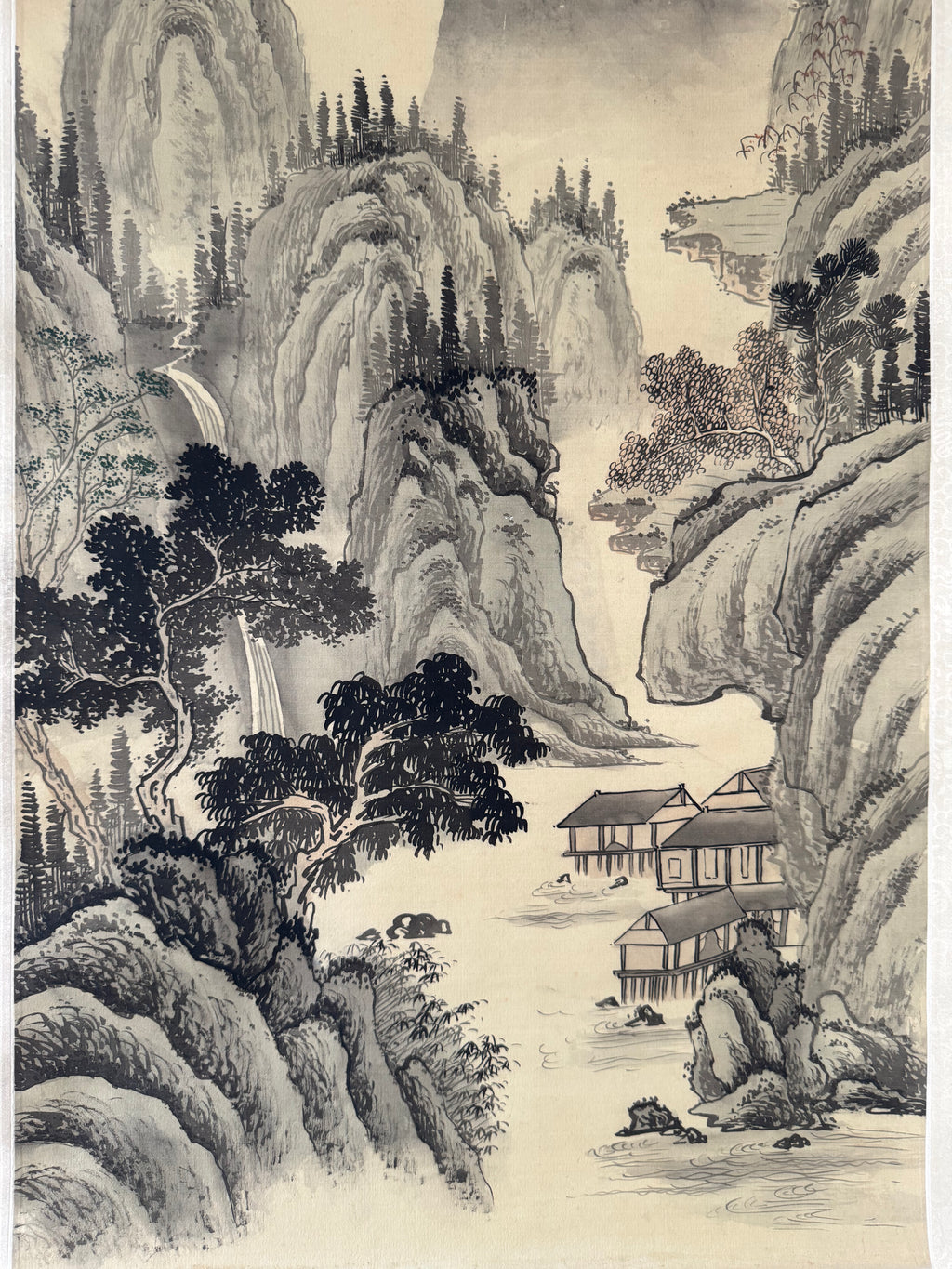 Japanese Serene Landscape Kakemono Painting – Hand-Painted Sumi-e Hanging Scroll Art
