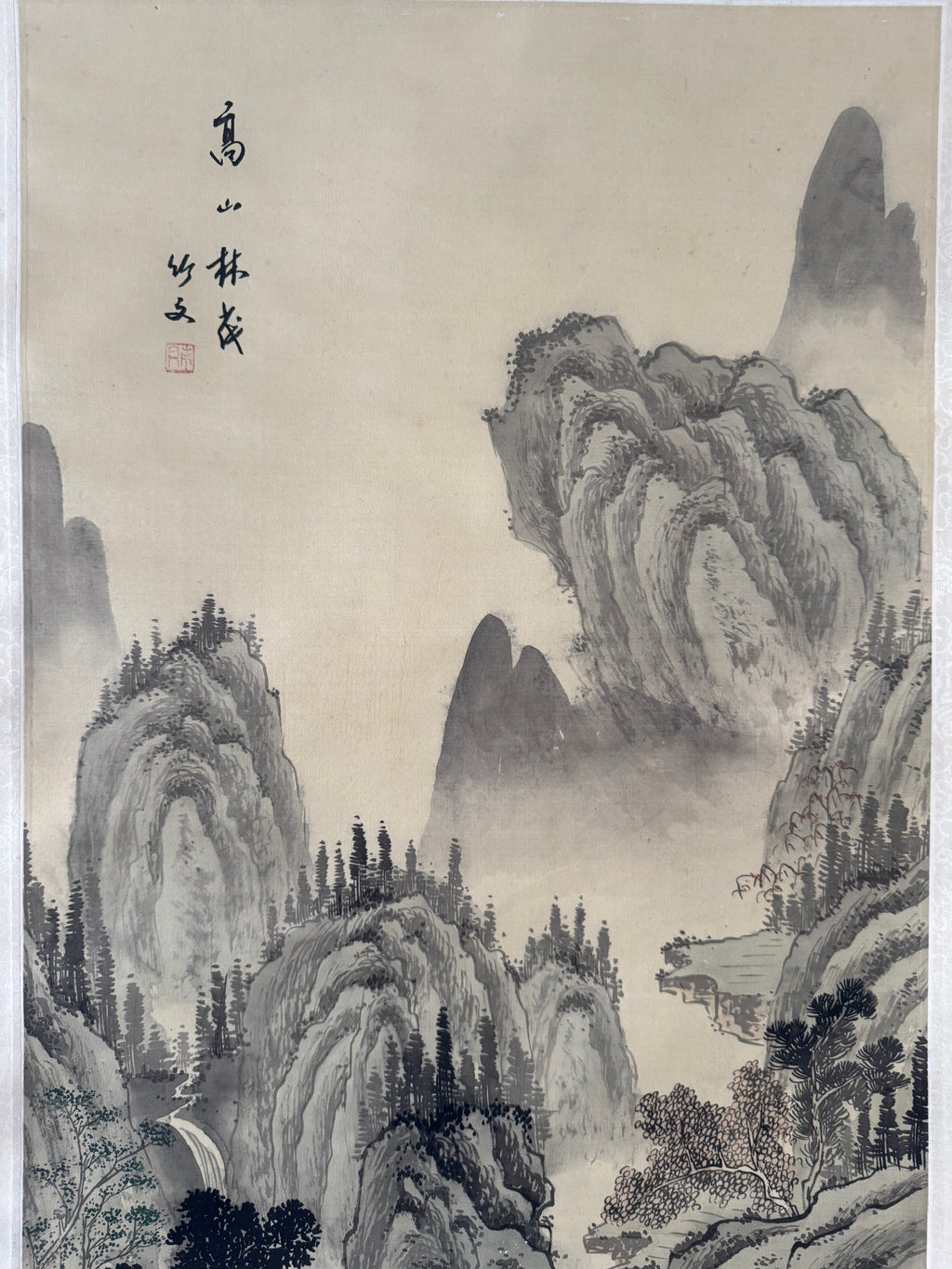 Japanese Serene Landscape Kakemono Painting – Hand-Painted Sumi-e Hanging Scroll Art