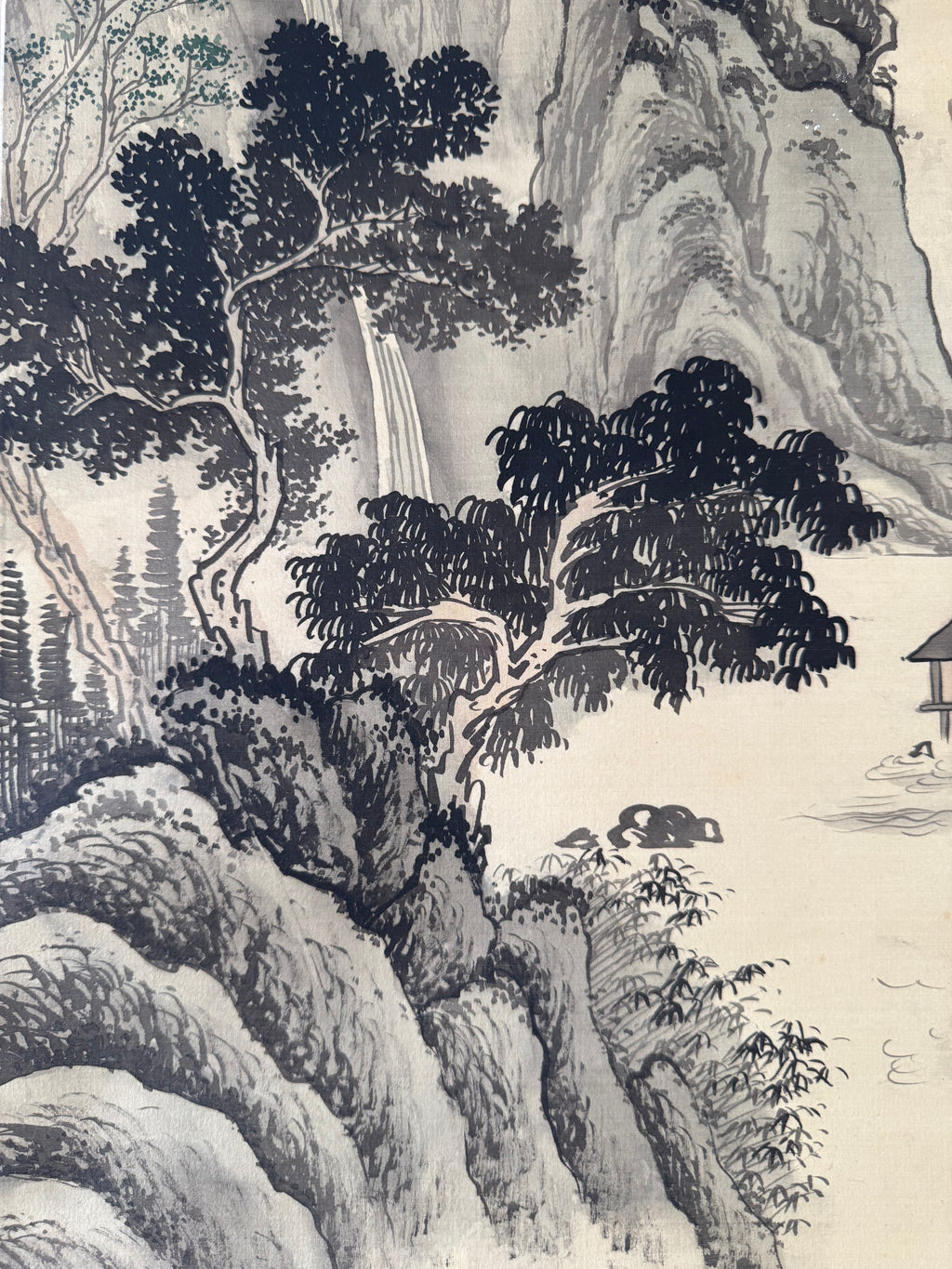 Japanese Serene Landscape Kakemono Painting – Hand-Painted Sumi-e Hanging Scroll Art