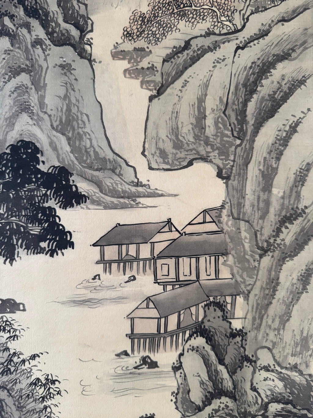 Japanese Serene Landscape Kakemono Painting – Hand-Painted Sumi-e Hanging Scroll Art