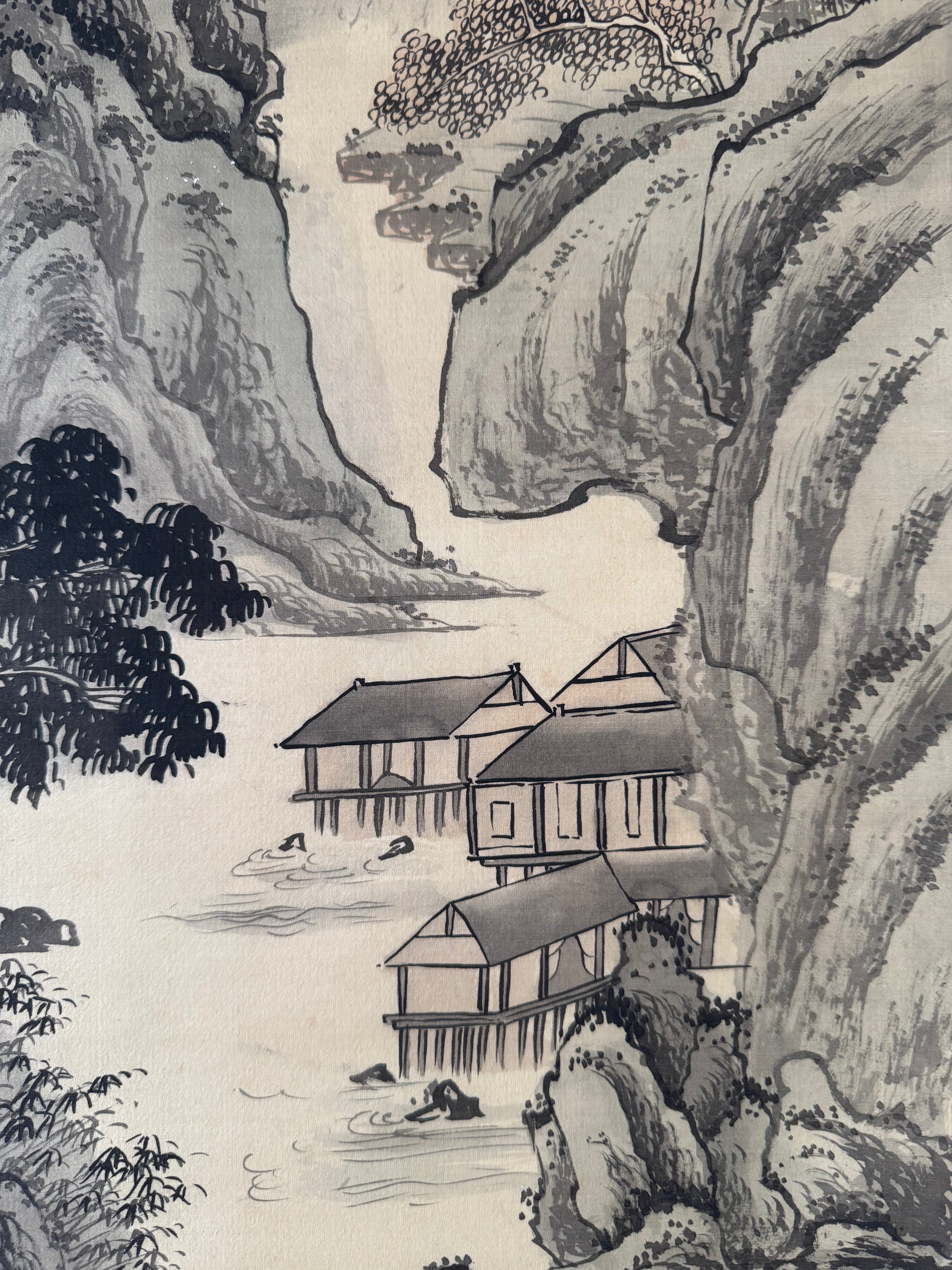 Japanese Serene Landscape Kakemono Painting – Hand-Painted Sumi-e Hanging Scroll Art