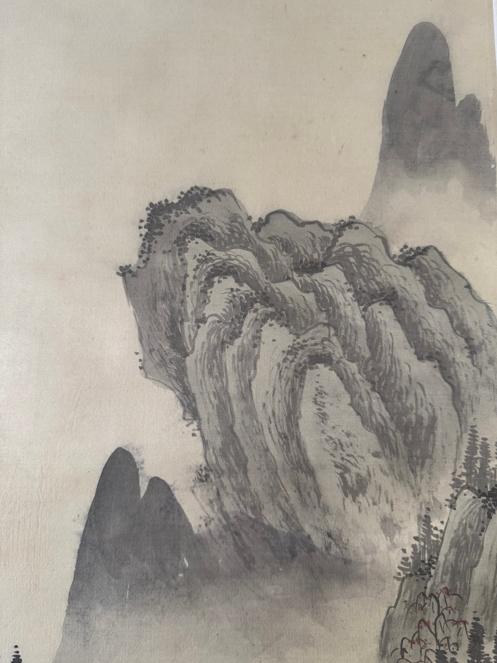Japanese Serene Landscape Kakemono Painting – Hand-Painted Sumi-e Hanging Scroll Art
