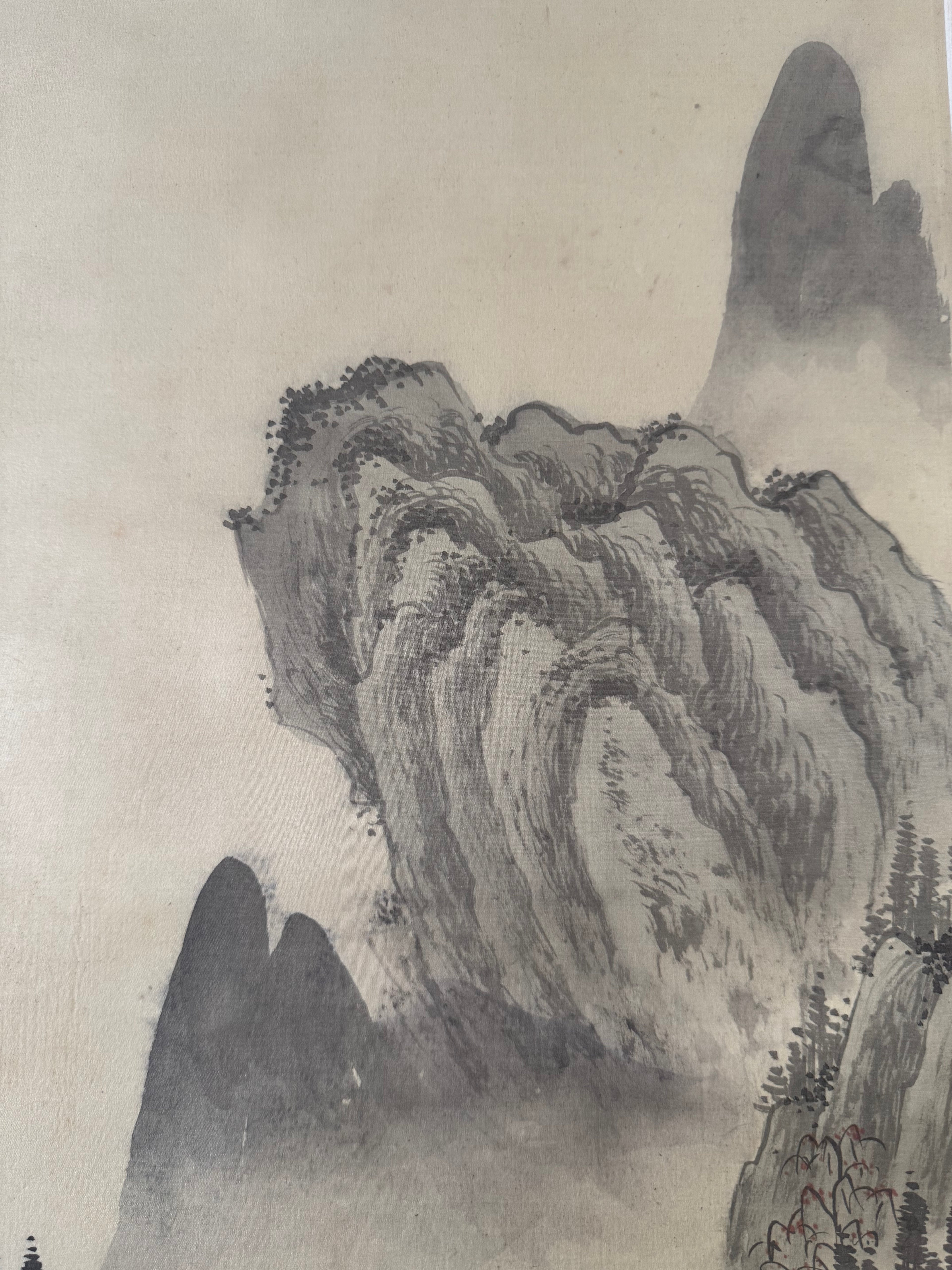 Japanese Serene Landscape Kakemono Painting – Hand-Painted Sumi-e Hanging Scroll Art