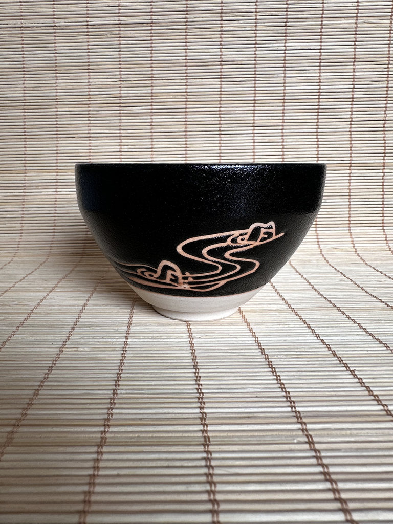 Modern Japanese Matcha Chawan, Black Stoneware Tea Bowl with Mizuhiki Motif, Handmade Ceramic for Tea Ceremony
