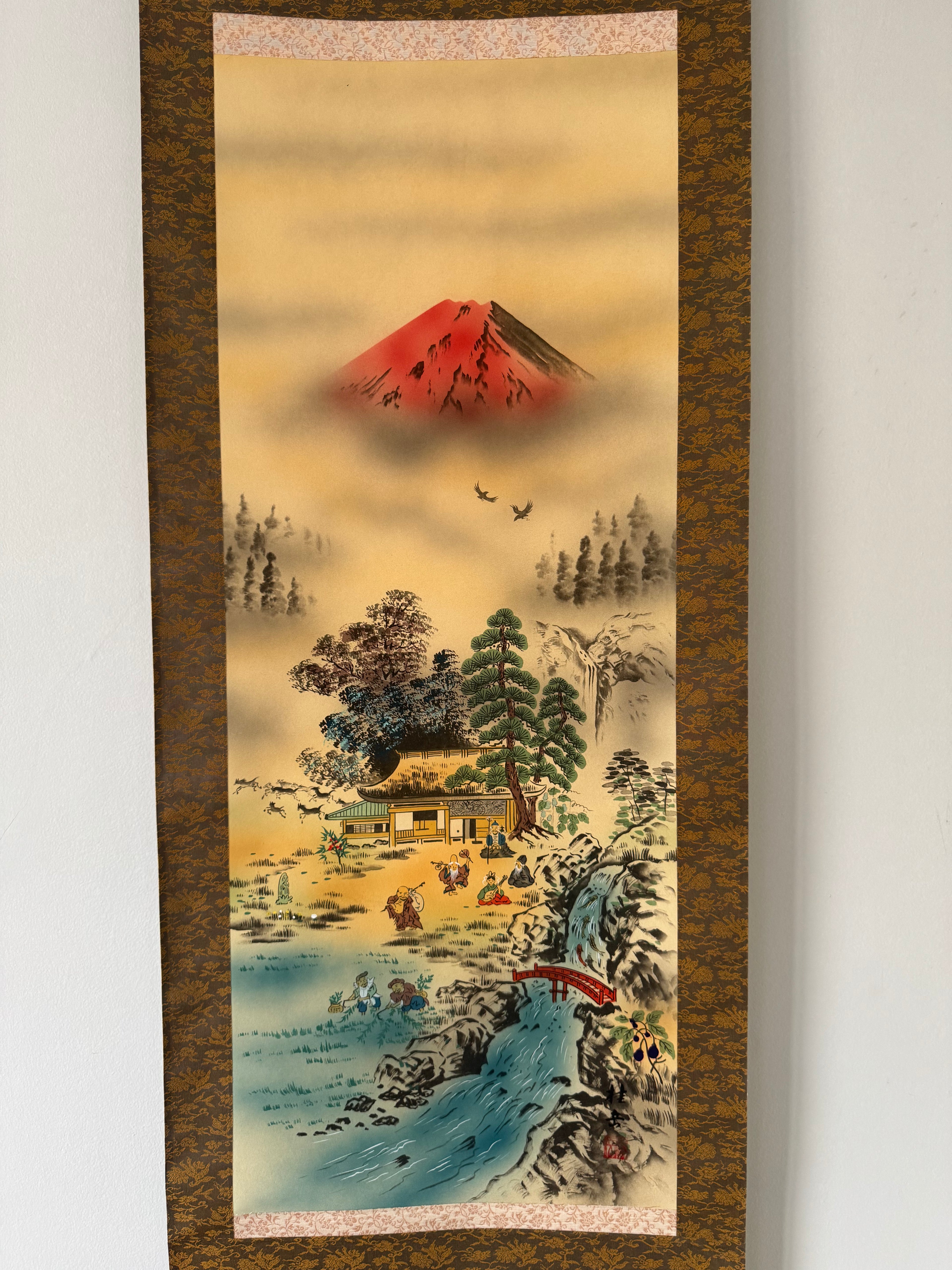 Japanese Lucky Gods & Mythical Creatures Kakemono Print – Scenic Landscape Hanging Scroll Art