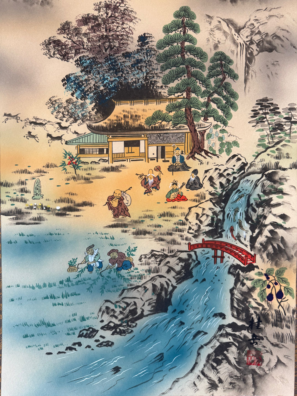 Japanese Lucky Gods & Mythical Creatures Kakemono Print – Scenic Landscape Hanging Scroll Art