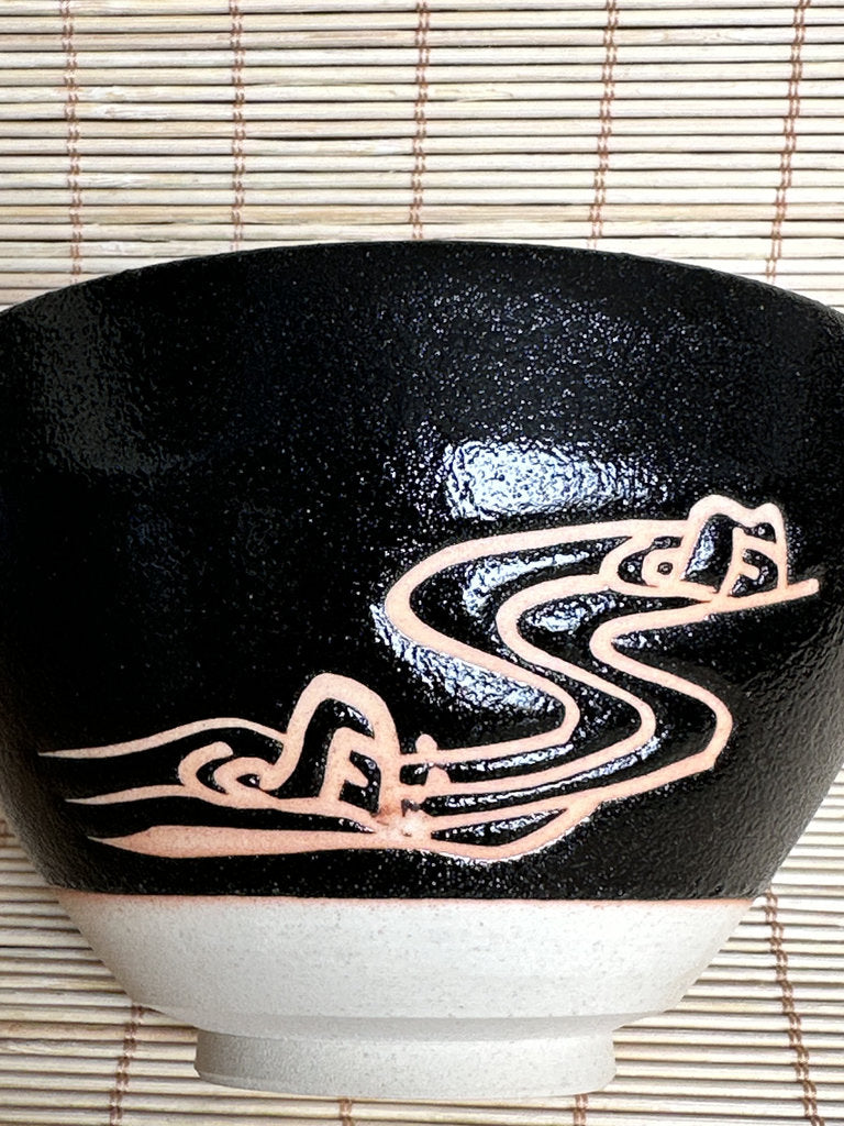 Modern Japanese Matcha Chawan, Black Stoneware Tea Bowl with Mizuhiki Motif, Handmade Ceramic for Tea Ceremony