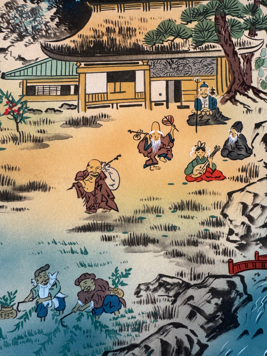 Japanese Lucky Gods & Mythical Creatures Kakemono Print – Scenic Landscape Hanging Scroll Art